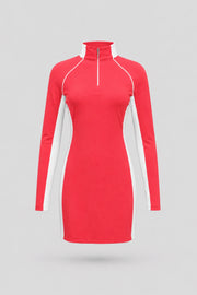 The Long Sleeve Zip Golf Dress - Coral Red