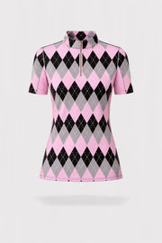 Rosé Stand Collar Short Sleeve Top Quarter Zip - Argyle