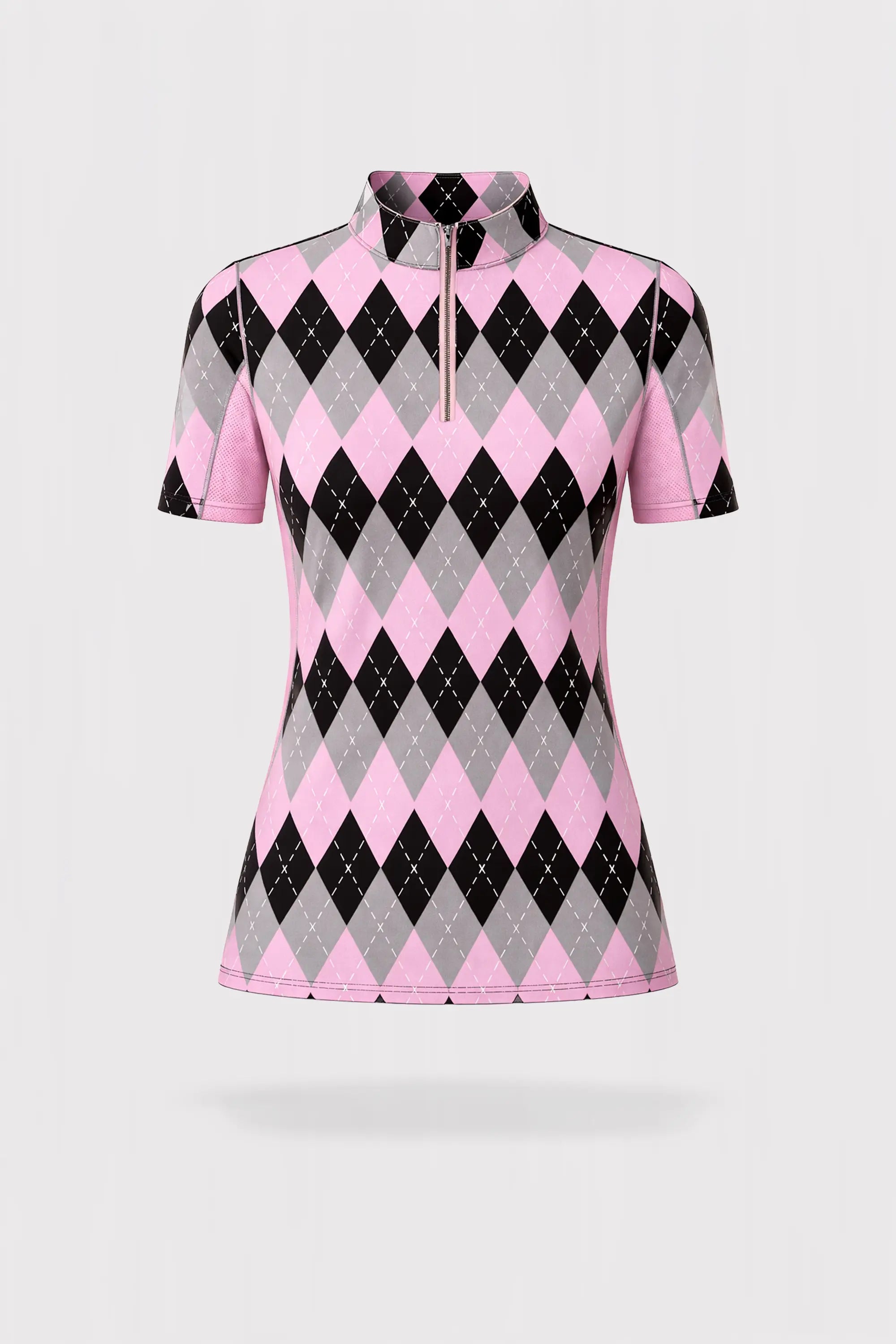 Rosé Stand Collar Short Sleeve Top Quarter Zip - Argyle