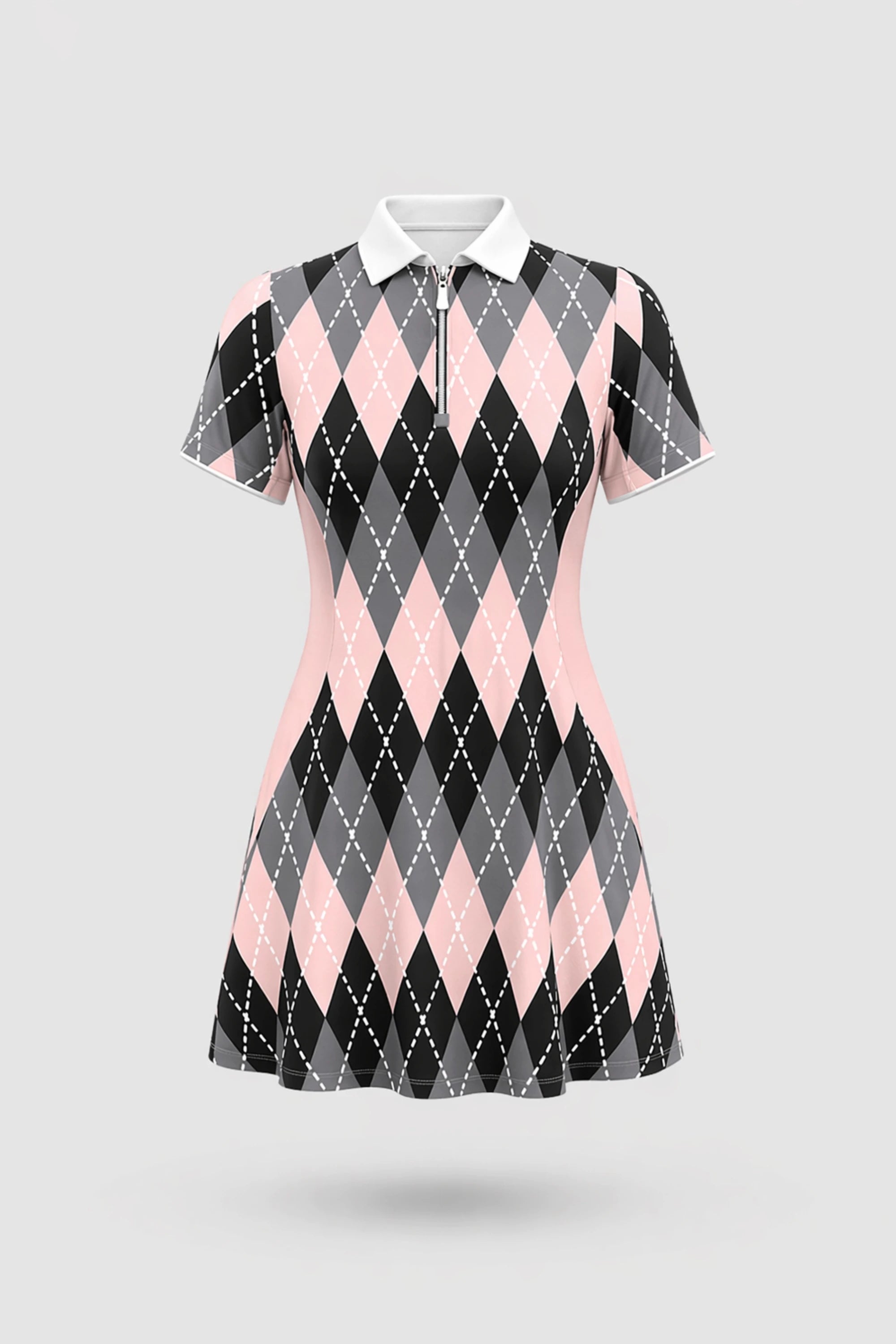 The Contour Zip Polo Golf Dress - Argyle