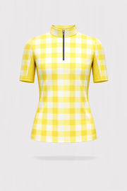Meringue Stand Collar Short Sleeve Top Quarter Zip - Yellow Gingham