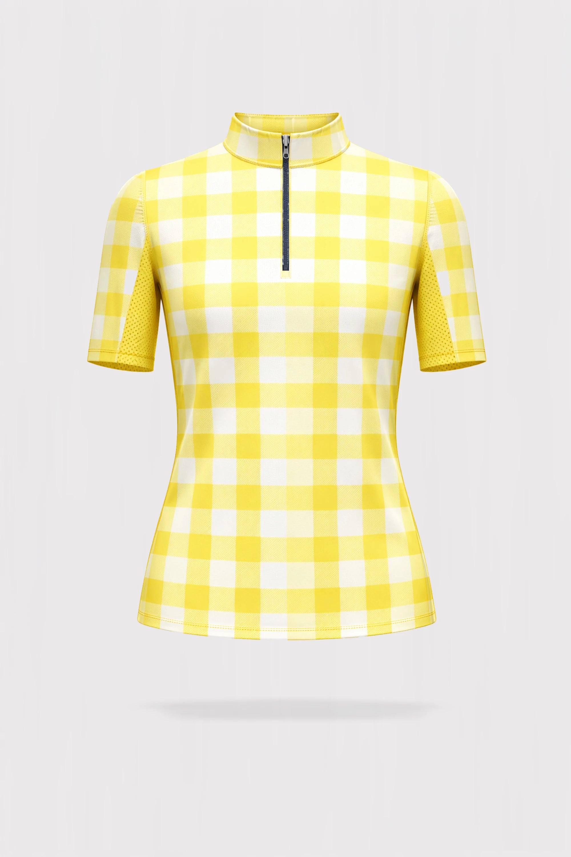 Meringue Stand Collar Short Sleeve Top Quarter Zip - Yellow Gingham