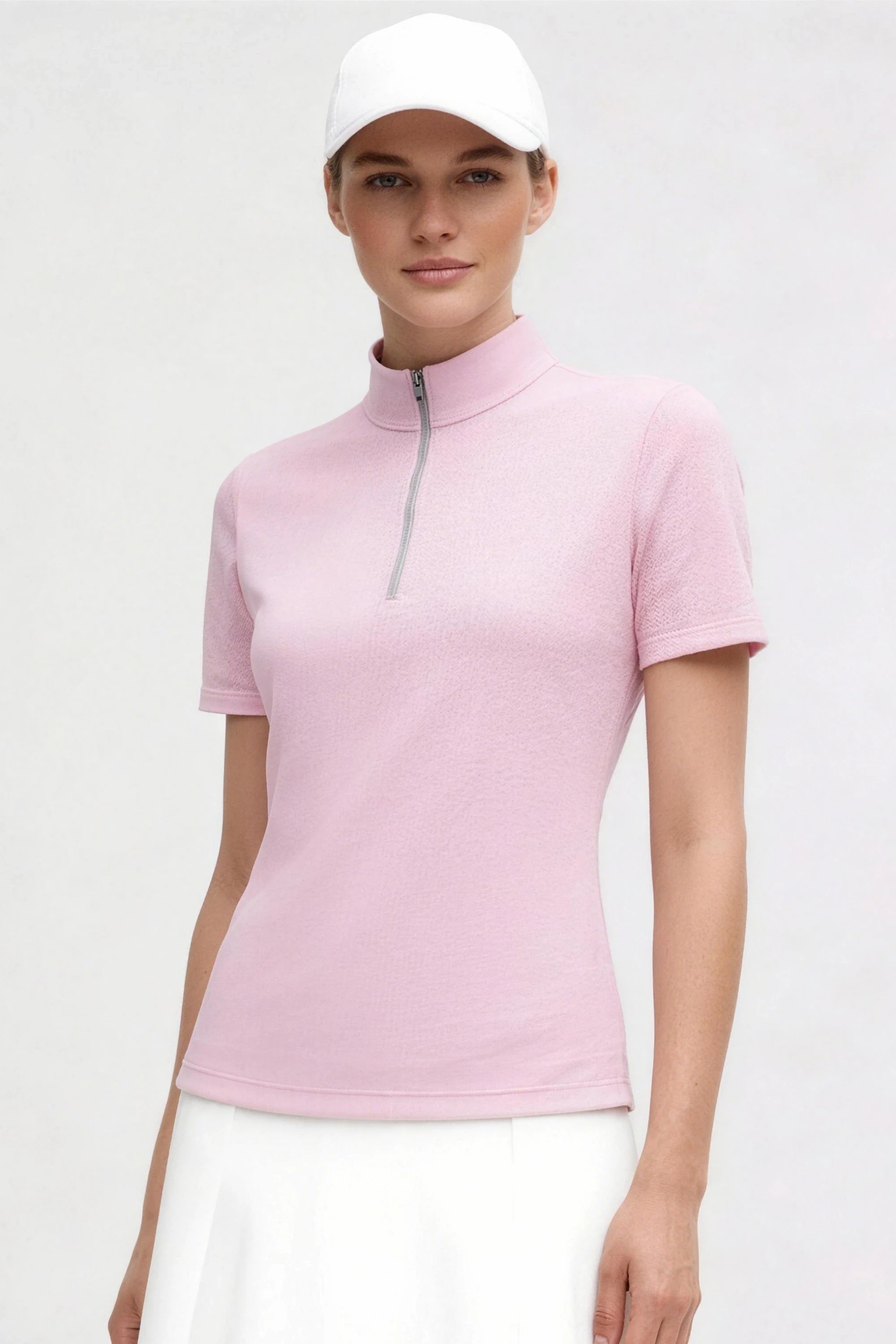 Rosé Stand Collar Short Sleeve Top Quarter Zip - Pink