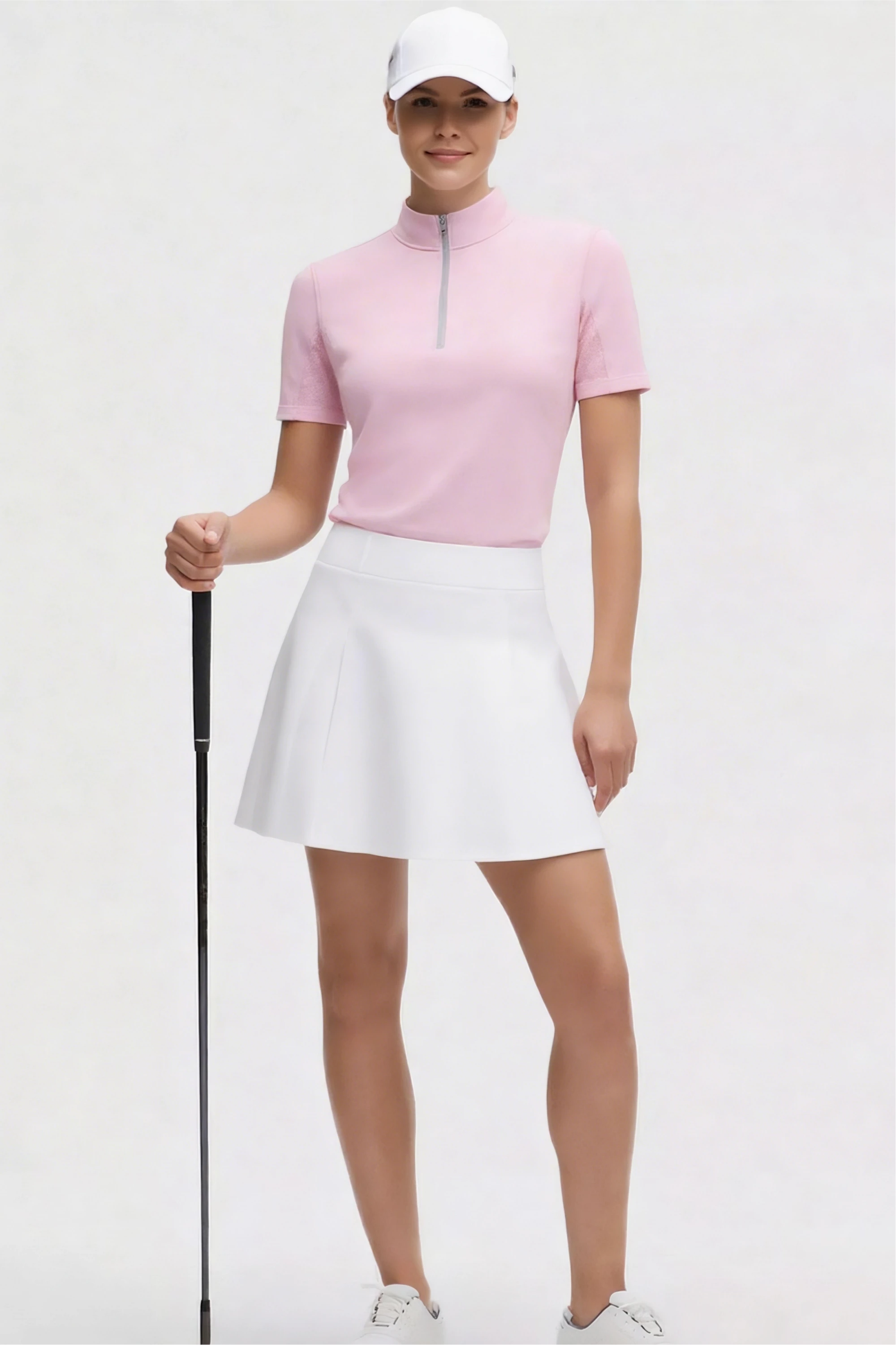 Rosé Stand Collar Short Sleeve Top Quarter Zip - Pink