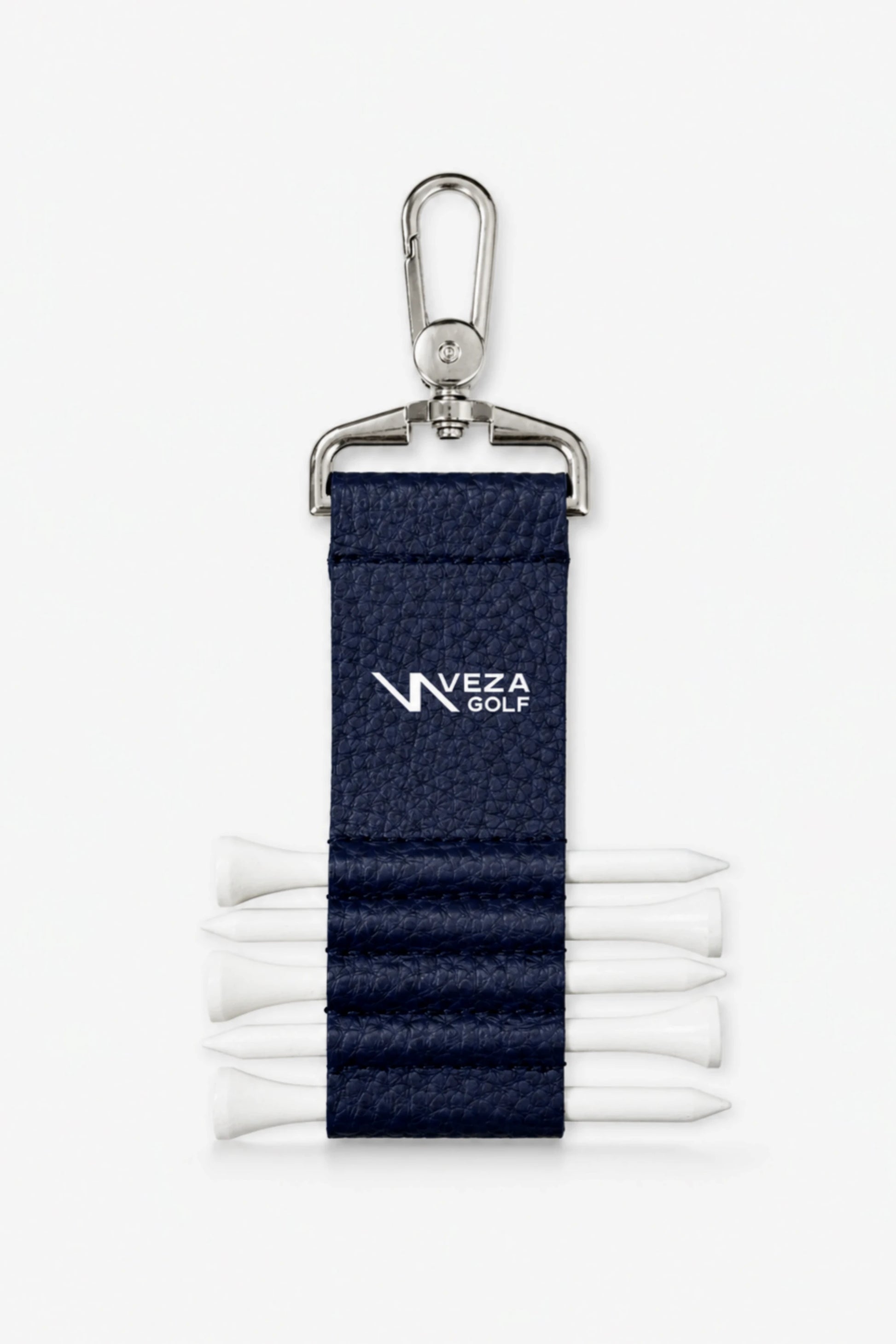 Weza Golf tee clip with blue strap and golf tees on a white background