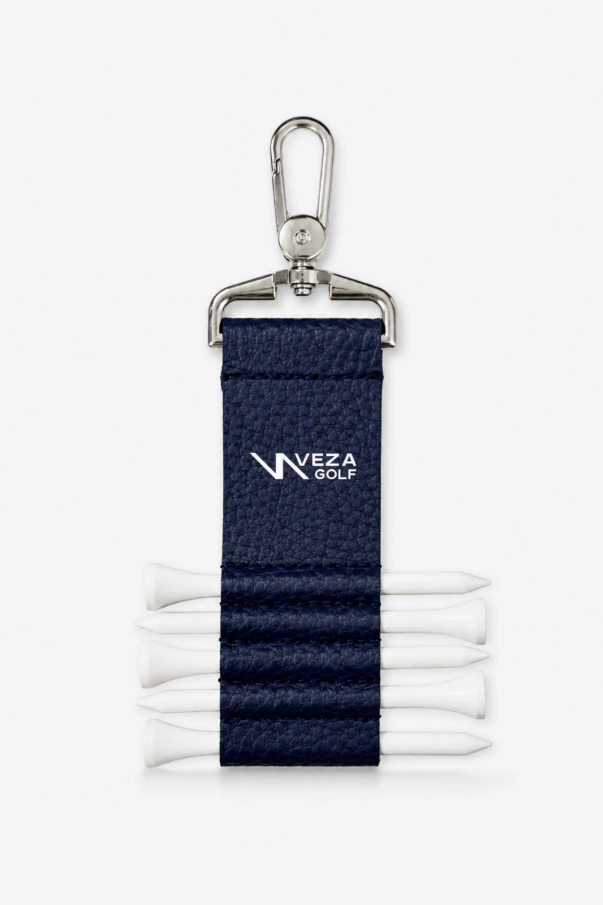 Weza Golf tee clip with blue strap and golf tees on a white background