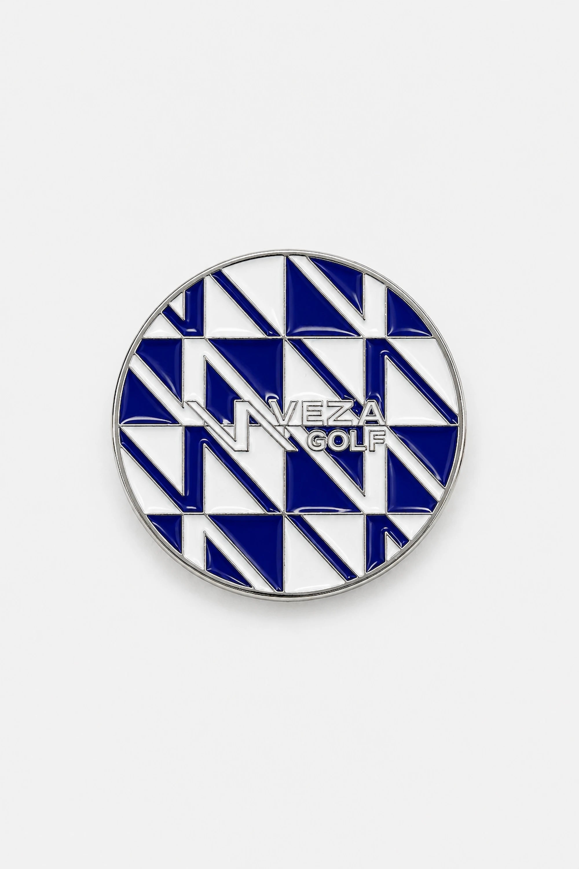 Front view of VEZA GOLF blue geometric magnetic golf ball marker with silver trim