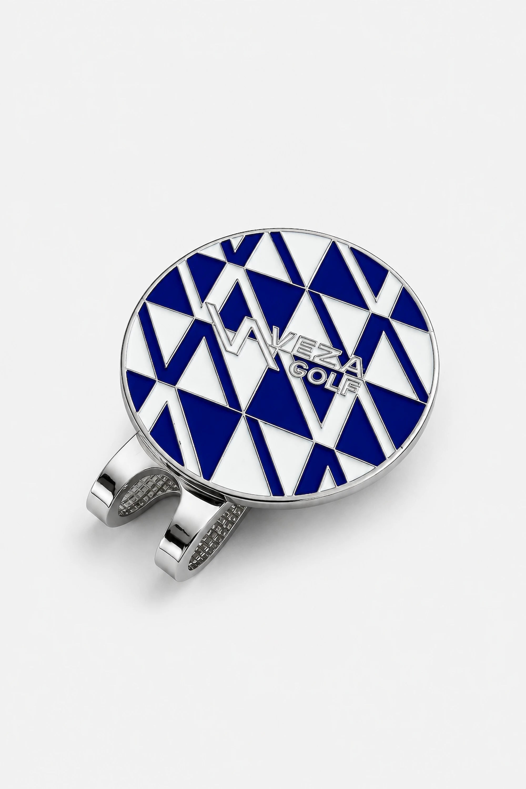 Angled product image of VEZA GOLF blue geometric magnetic hat clip on light gray background