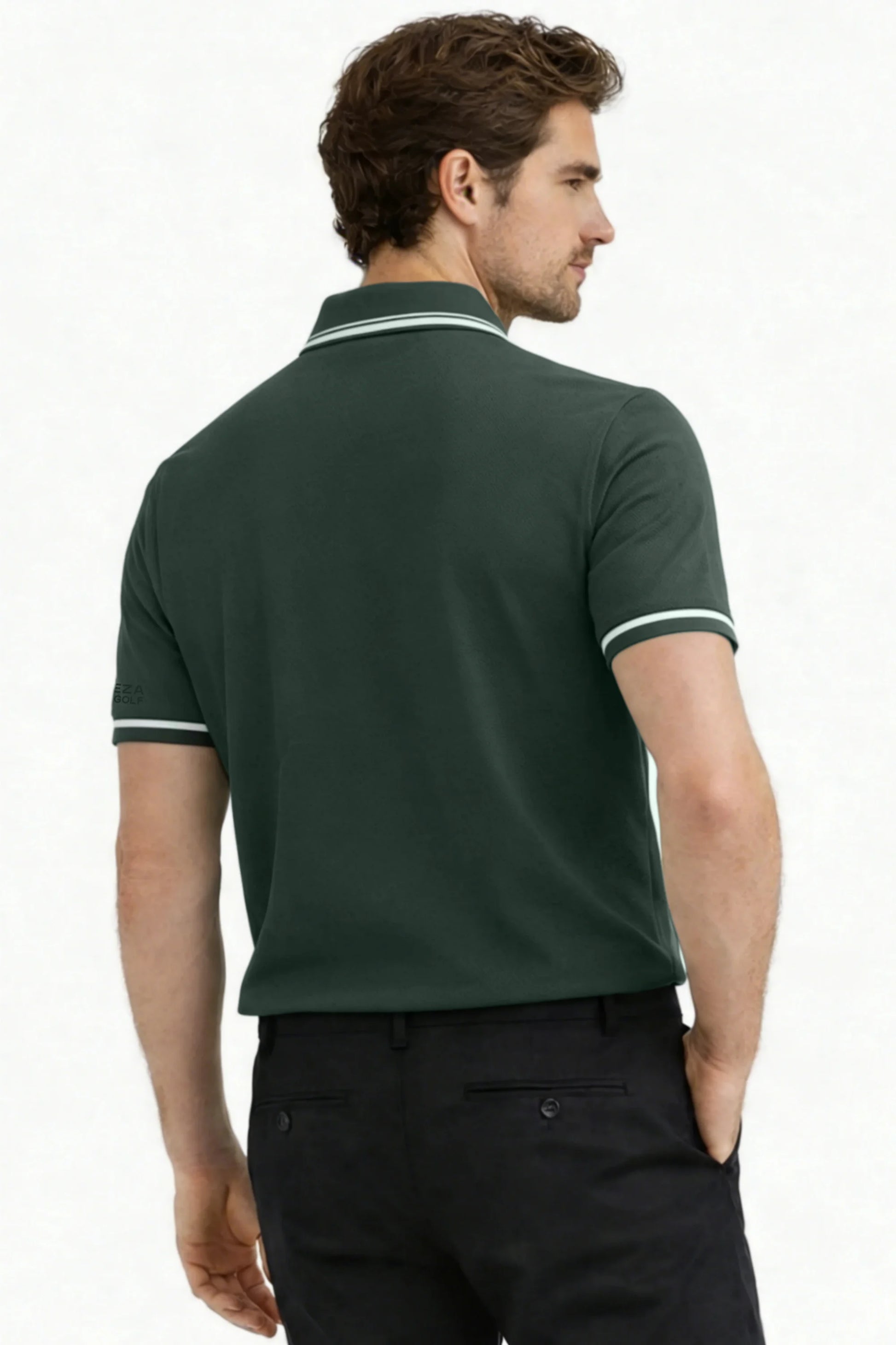 Men's Slate Green contrast trim golf polo shirt back view with striped collar and sleeve trim