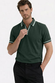 Men's Slate Green contrast trim golf polo shirt front view with striped collar and sleeve details