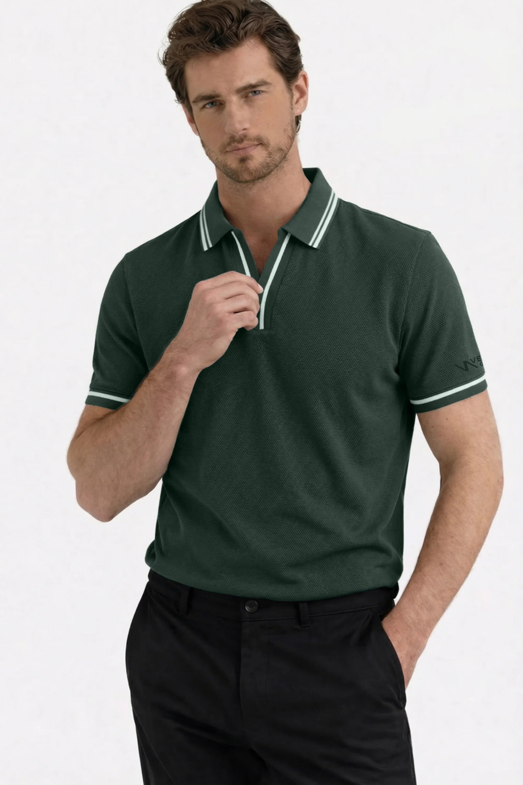 Men's Slate Green contrast trim golf polo shirt front view with striped collar and sleeve details