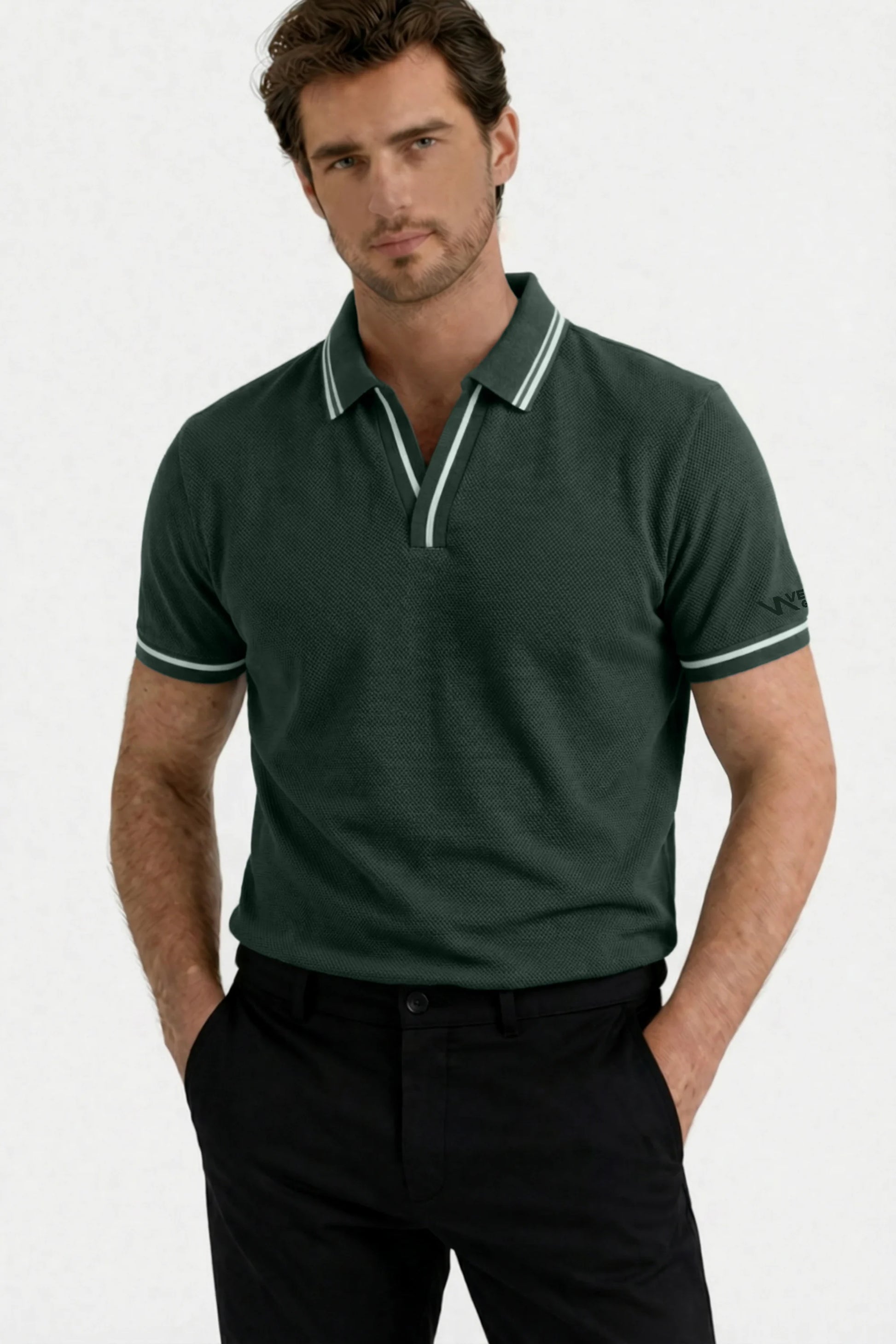 Men's Slate Green golf polo shirt angled view showing tailored fit and contrast trim design