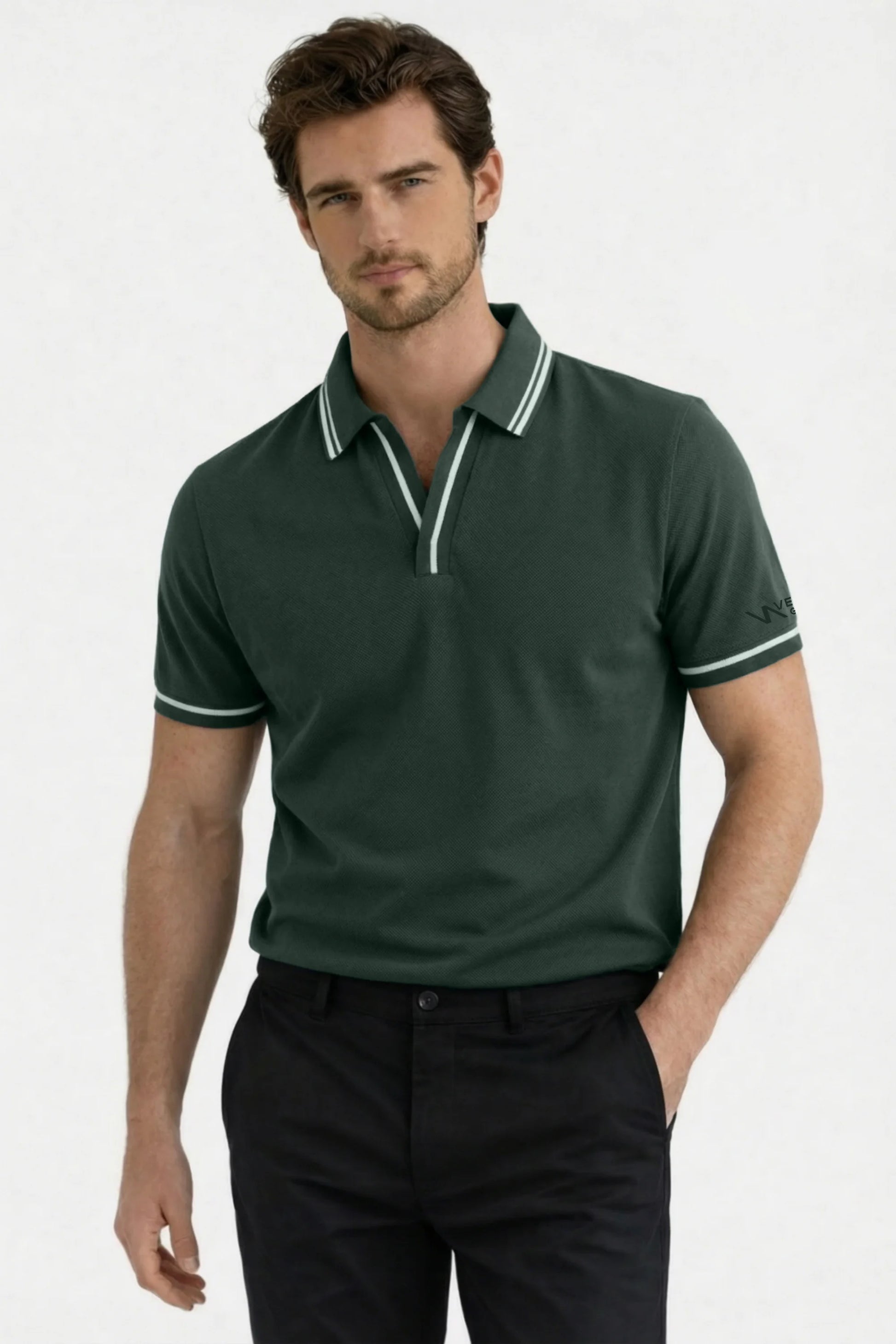 Men's Slate Green contrast trim performance polo shirt styled for a modern golf look
