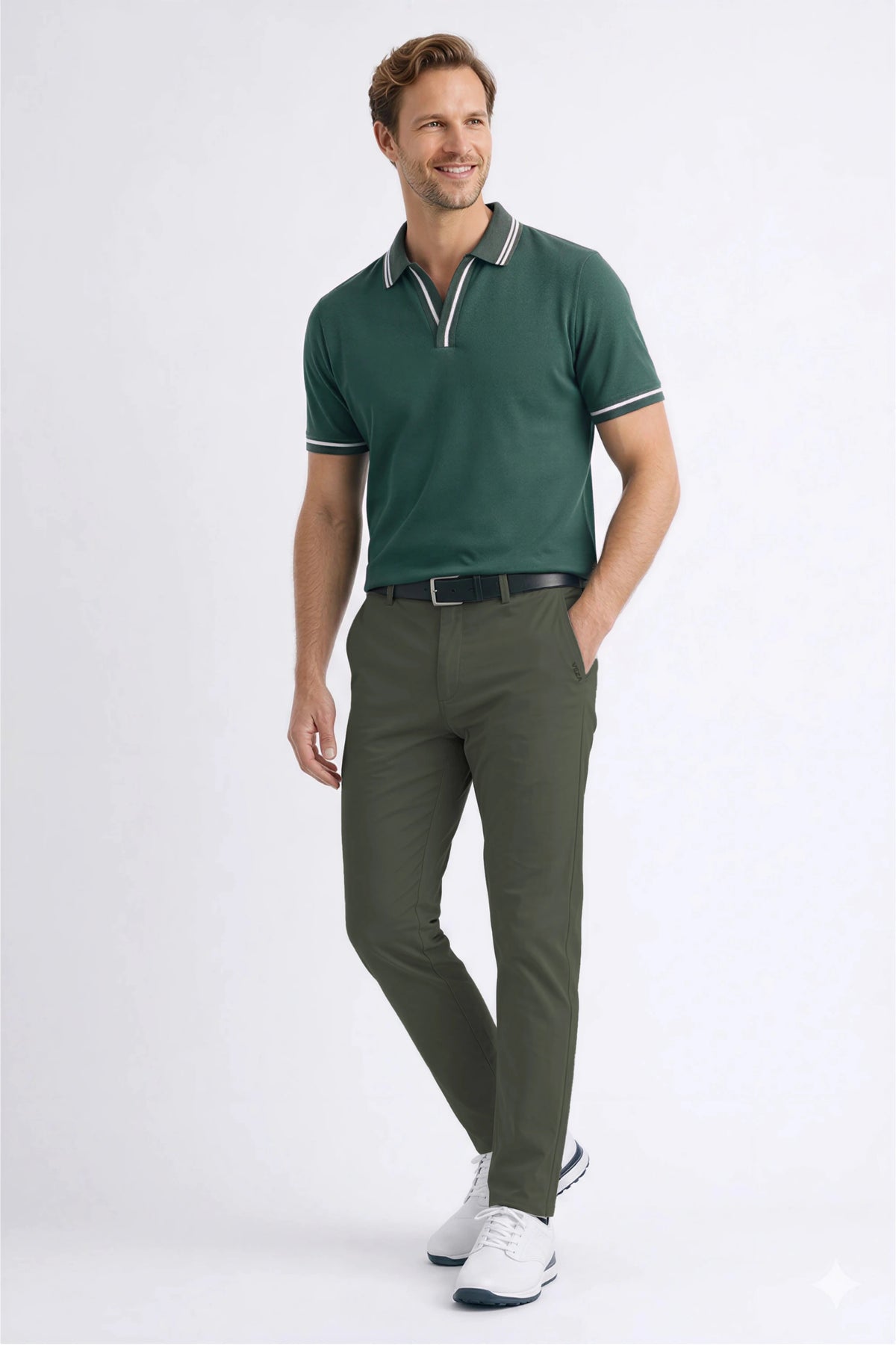 Men’s Dusty Olive tapered golf pants styled with a classic golf polo for a polished course look
