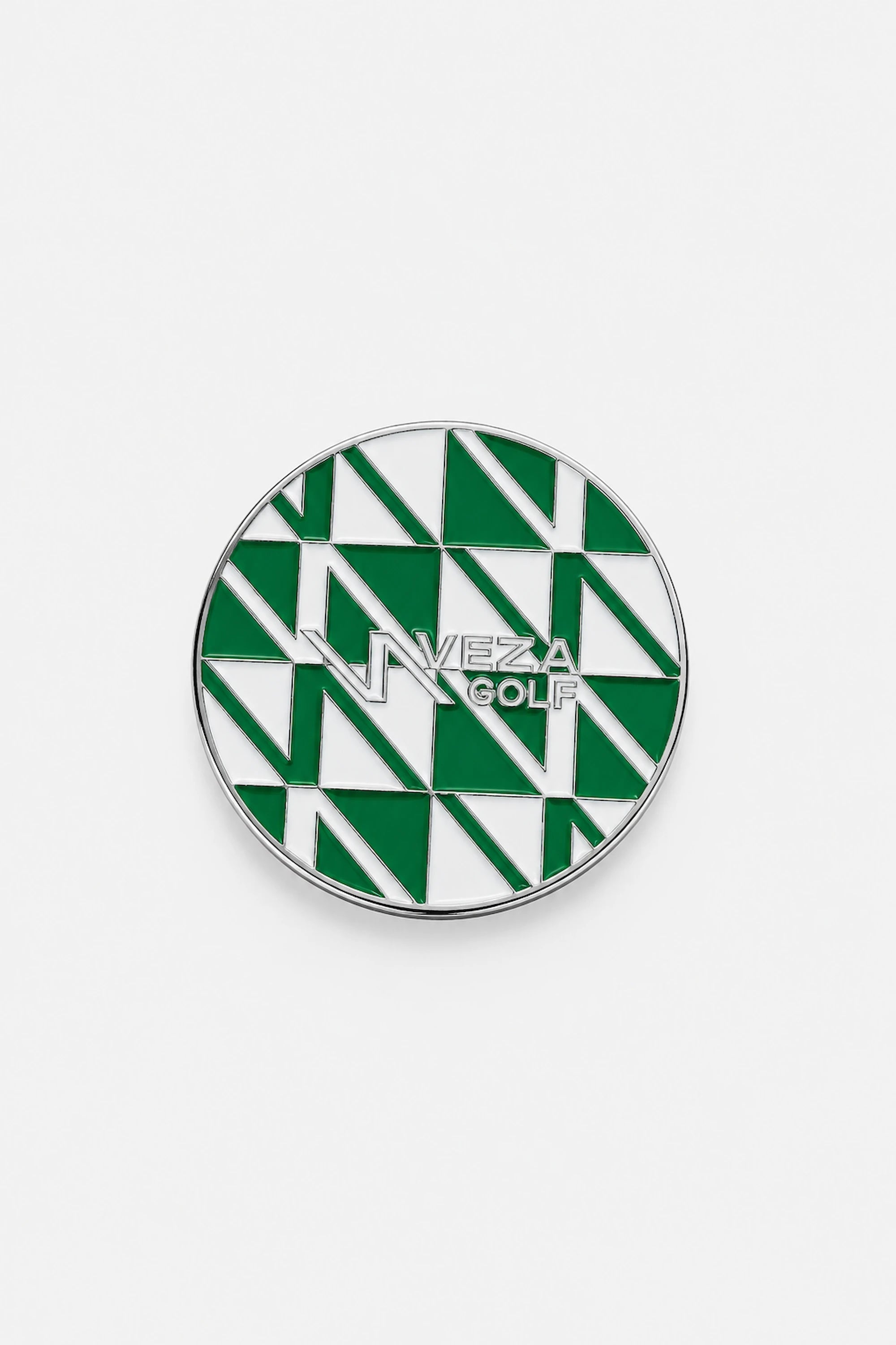 Front view of VEZA GOLF green geometric magnetic golf ball marker with silver trim