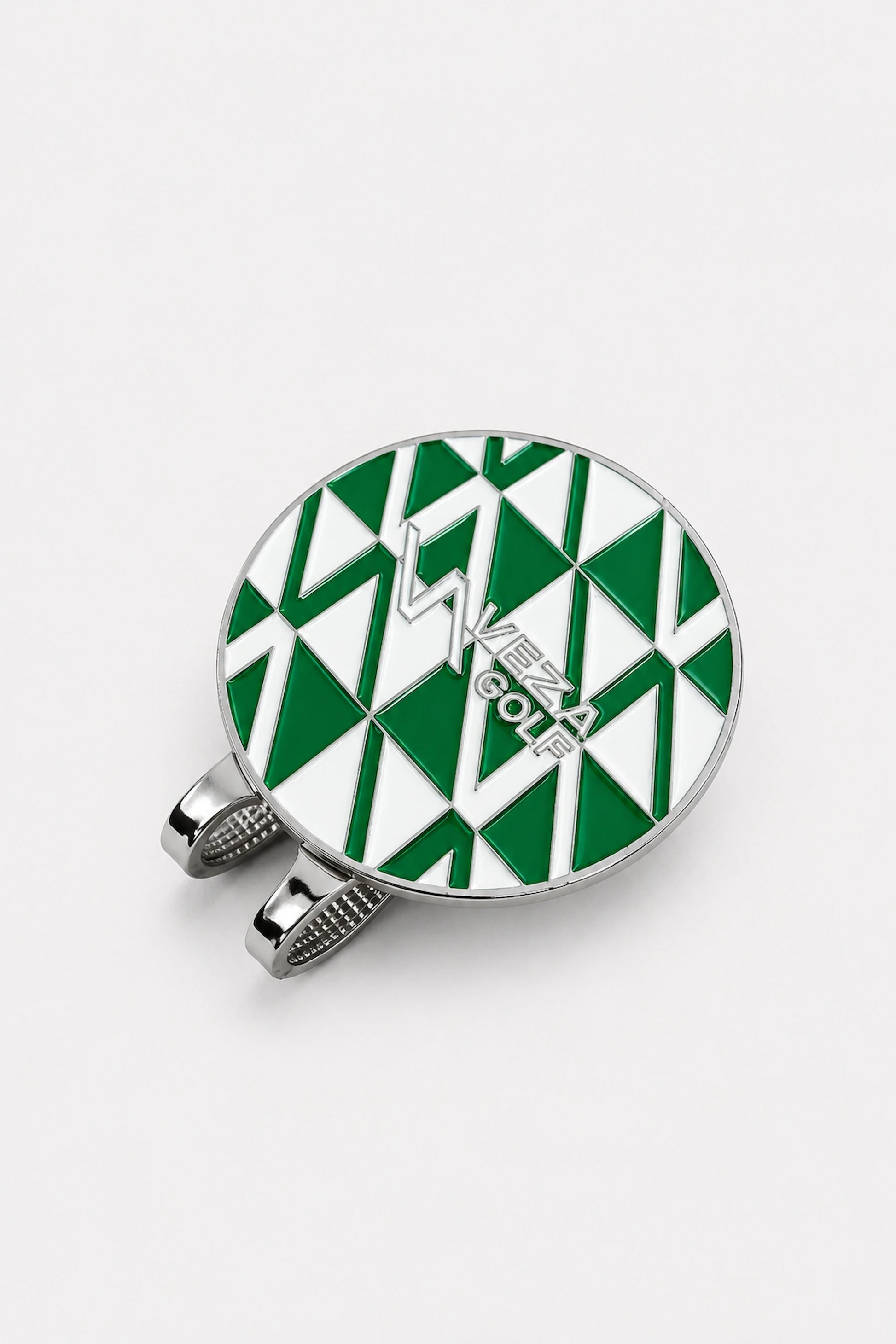 Front view of VEZA GOLF green geometric magnetic golf ball marker with silver trim