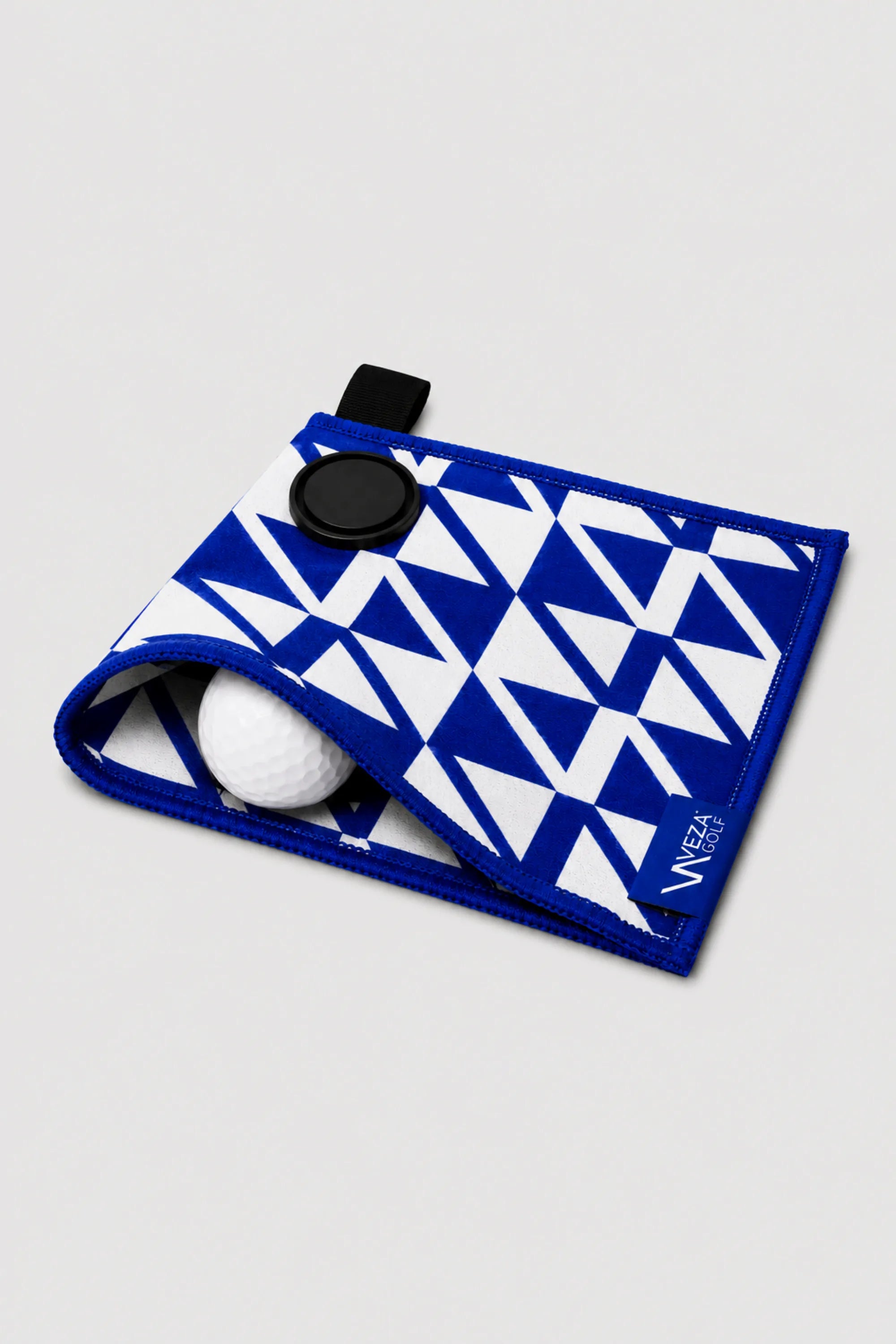Blue and white magnetic golf towel with microfiber fabric and golf accessory attachment