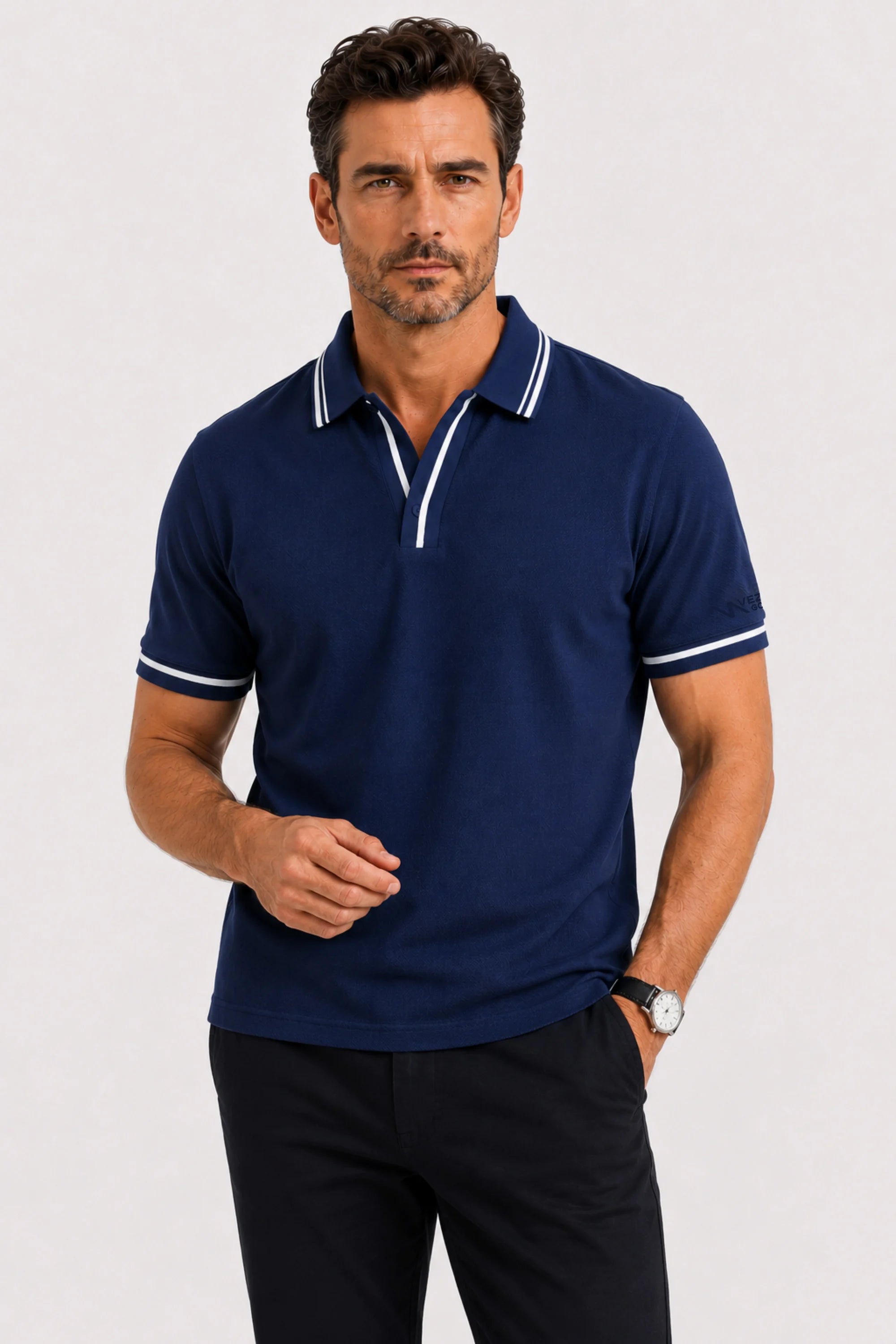 Men’s contrast trim golf polo in Midnight Navy navy blue with a performance fit and refined collar detail