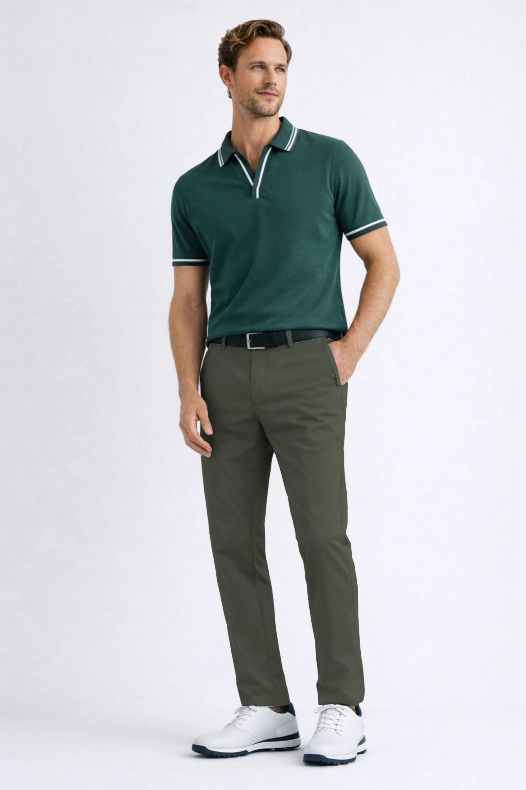Men’s Dusty Olive golf pants with a tapered tailored design for modern golf and everyday style