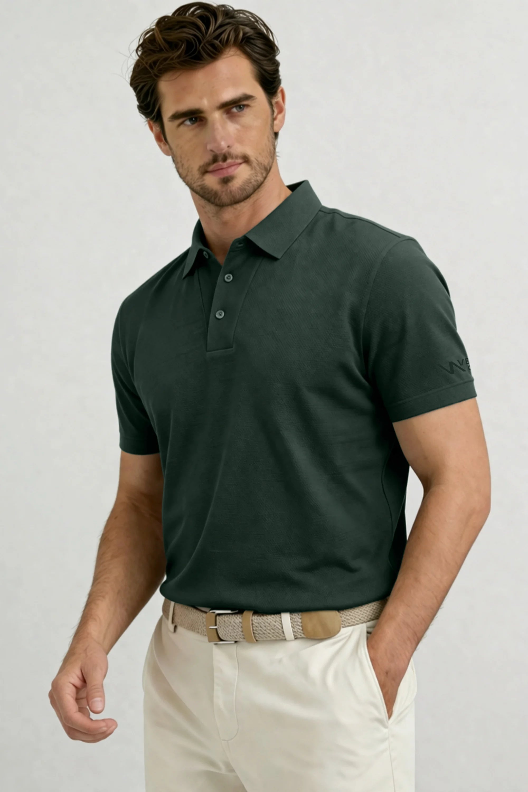 Men’s Slate Green performance golf polo designed with textured fabric and a polished on-course style