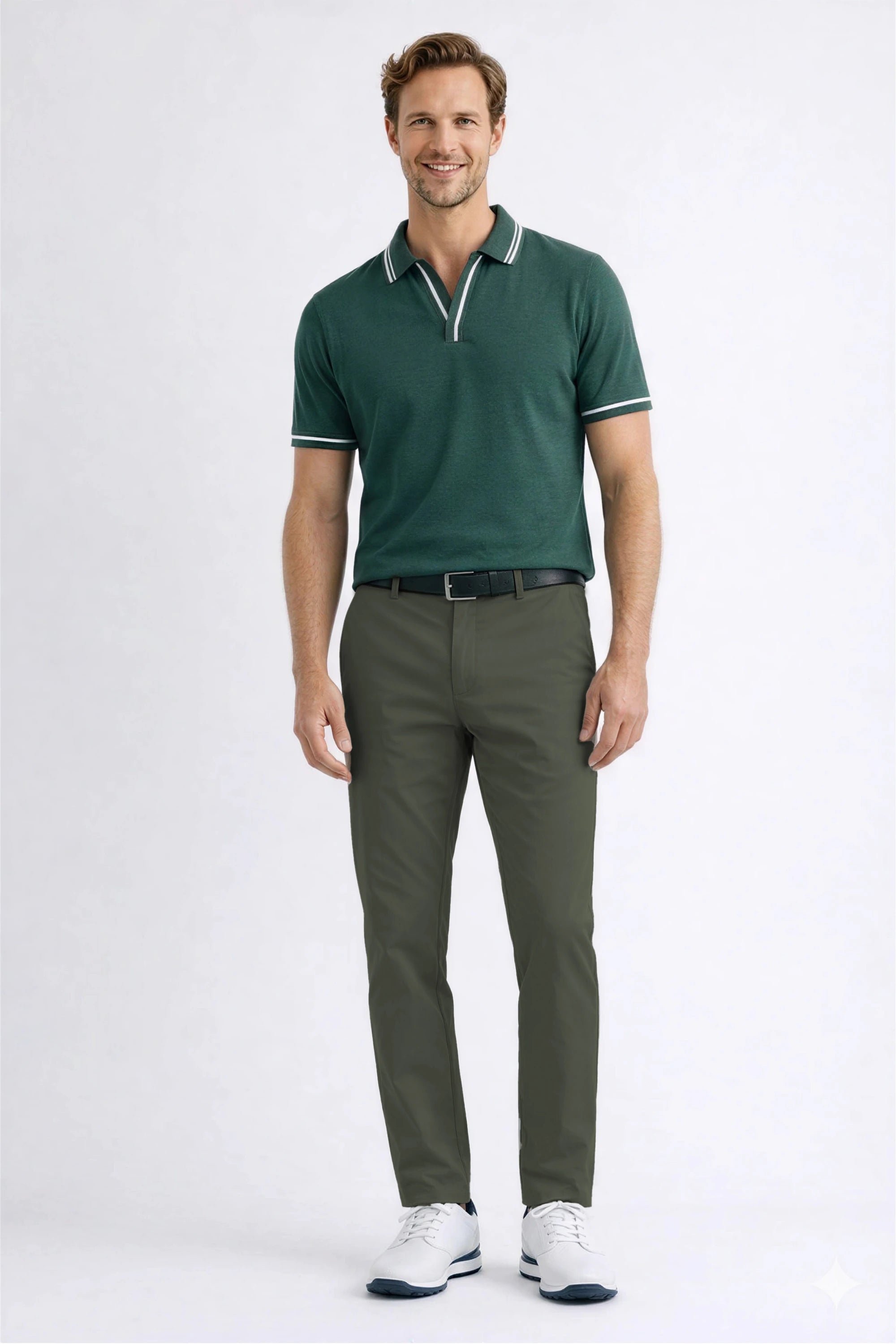 Men’s olive performance golf pants designed with a tailored tapered fit for comfort and movement