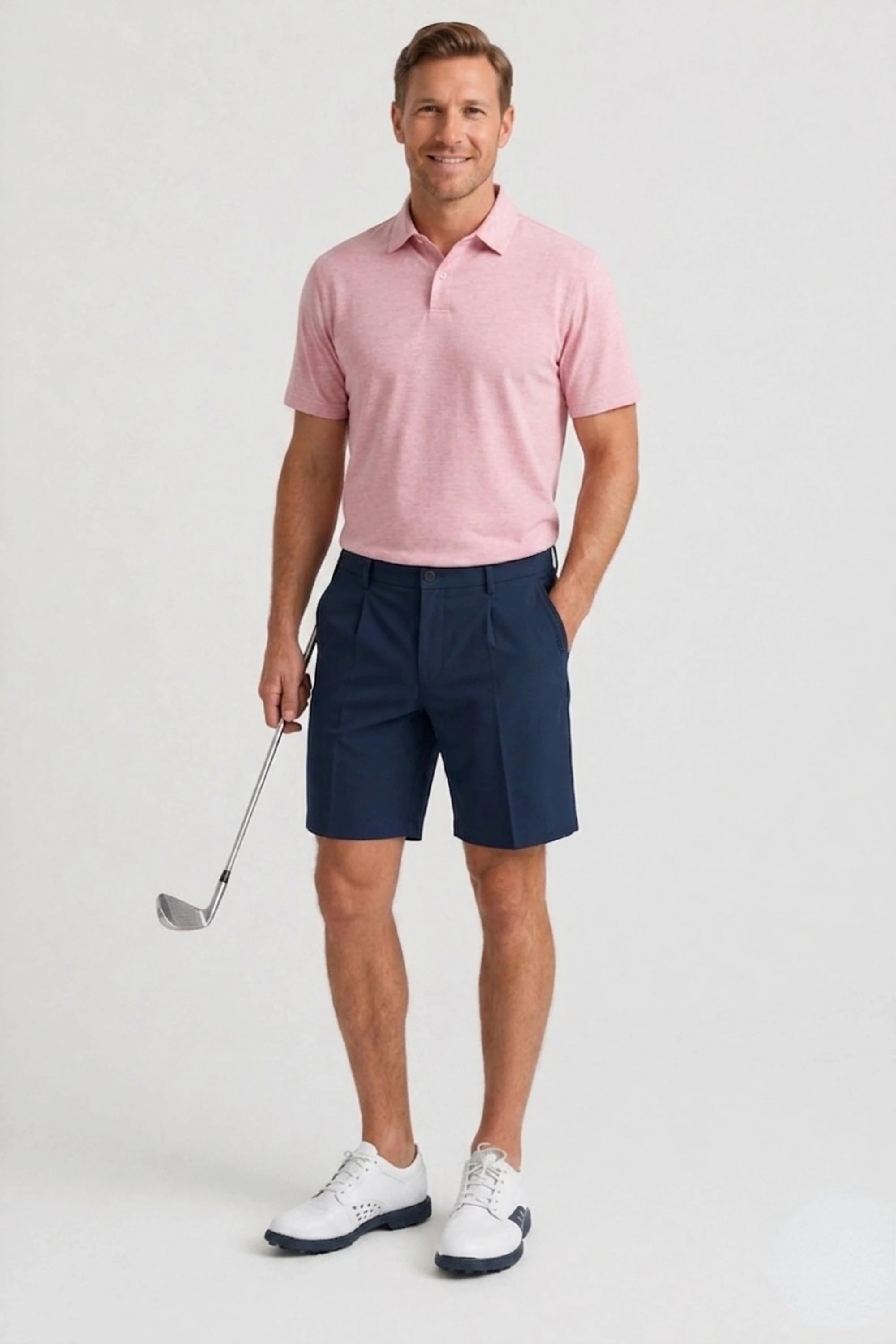 Men’s Oxford Navy performance golf shorts styled for a polished on-course golf look