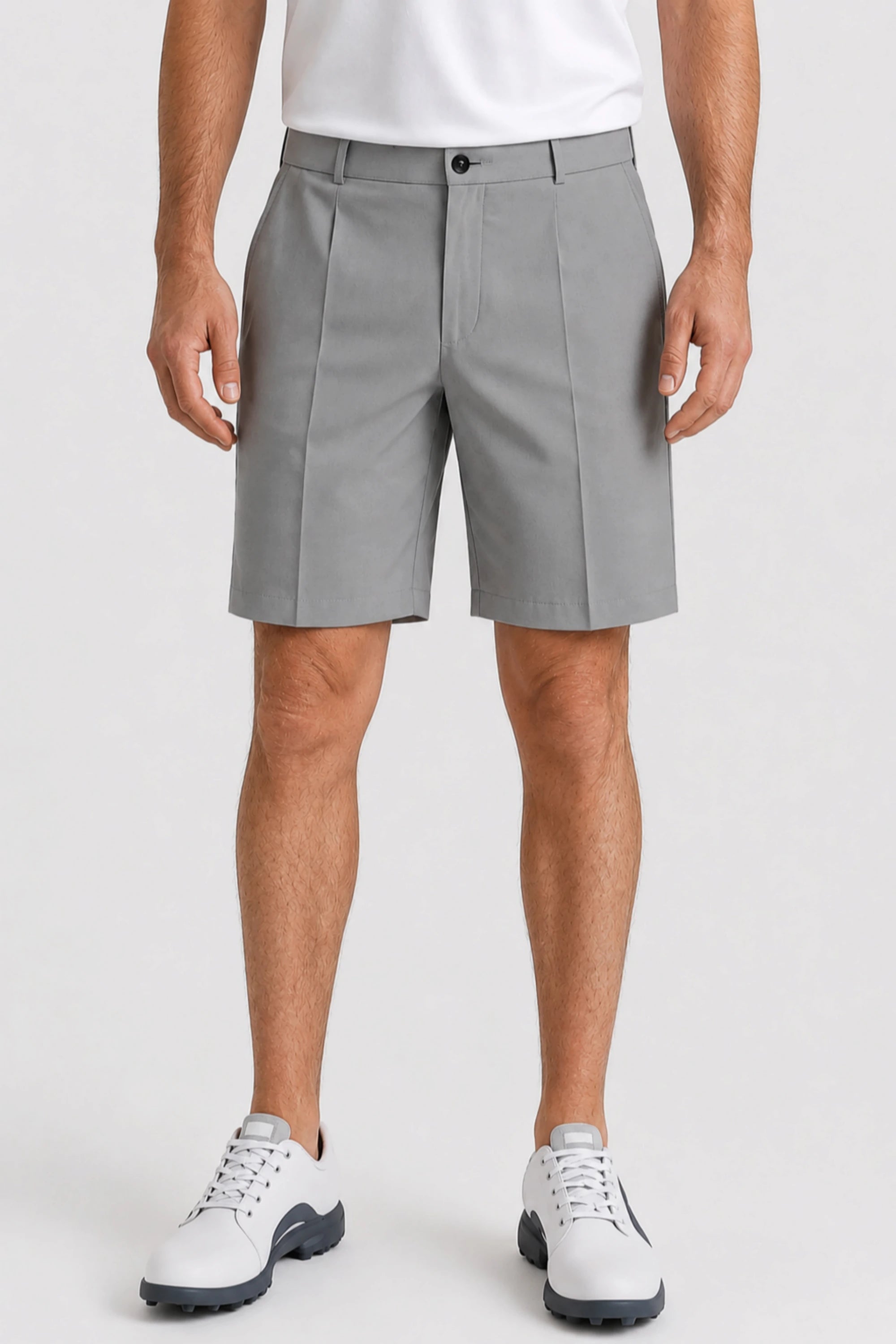 Men’s Soft Grey pleated golf shorts with a tailored fit and refined front pleat details