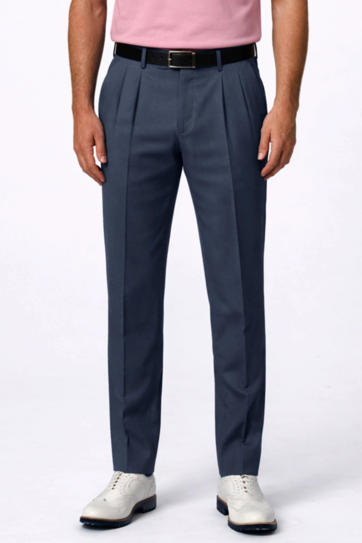 Men’s deep steel pleated tapered golf pants featuring a tailored fit and refined front pleat detail