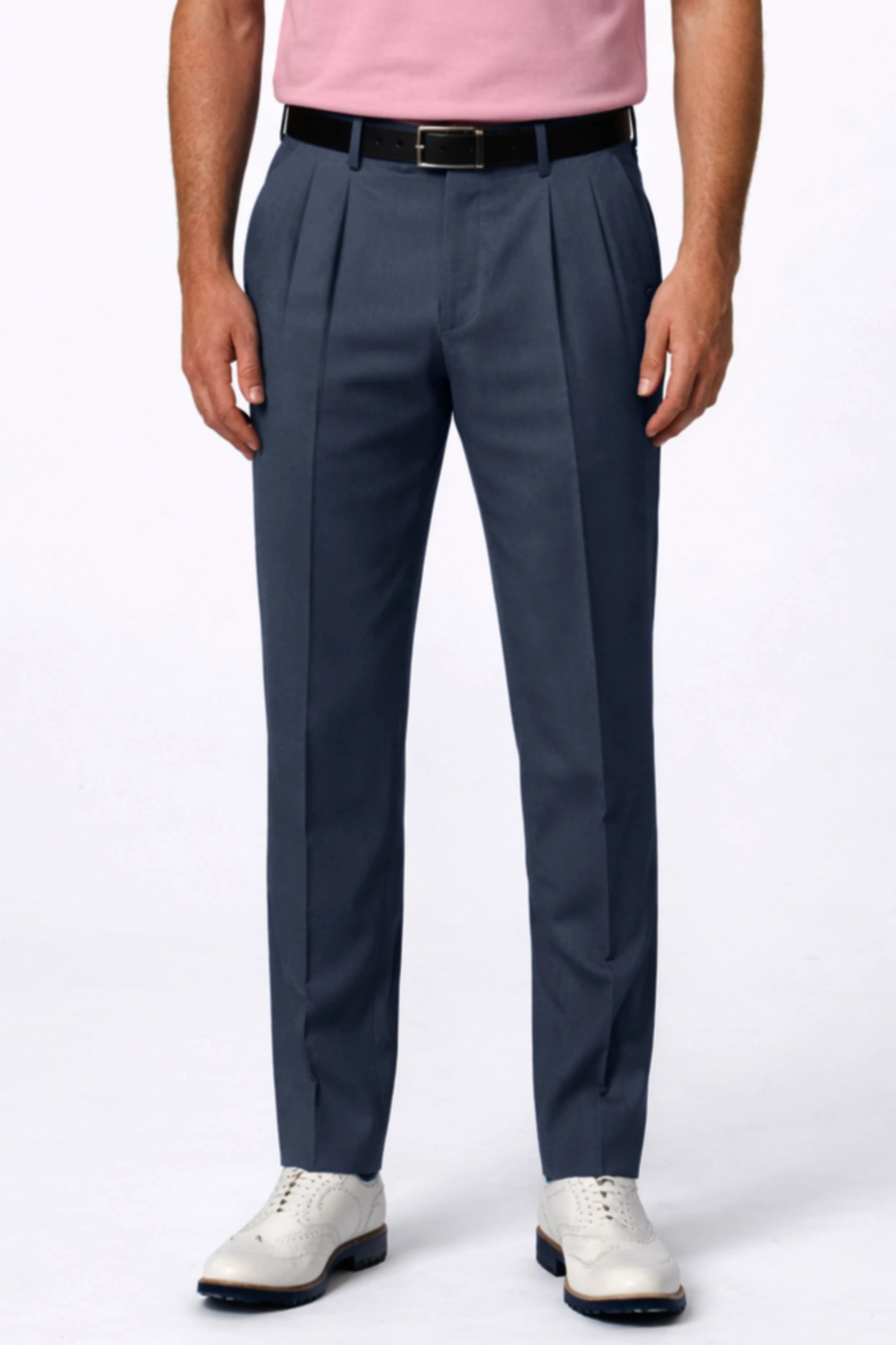 Men’s deep steel pleated tapered golf pants featuring a tailored fit and refined front pleat detail