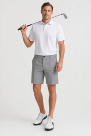 Men’s Soft Grey performance golf shorts styled for a polished on-course golf look