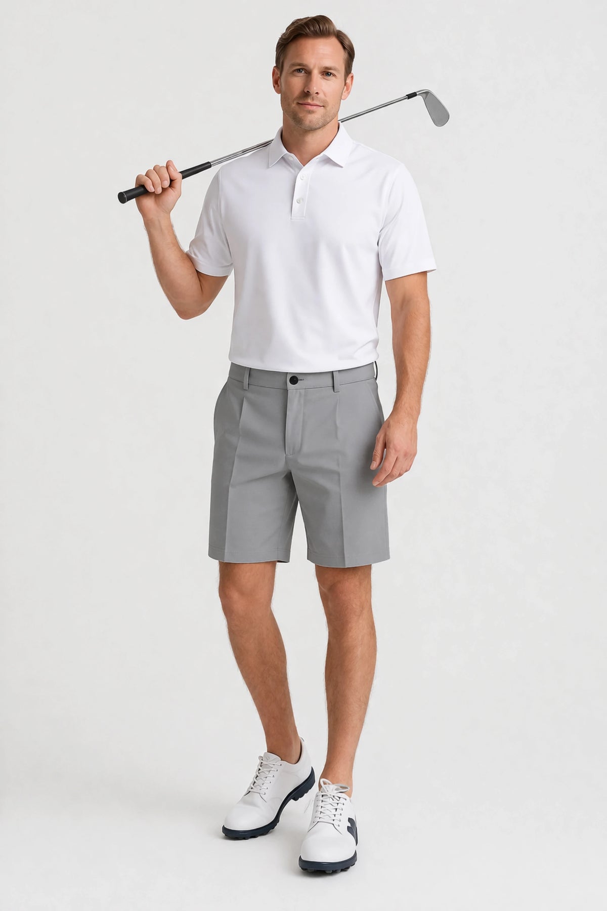 Men’s Soft Grey performance golf shorts styled for a polished on-course golf look