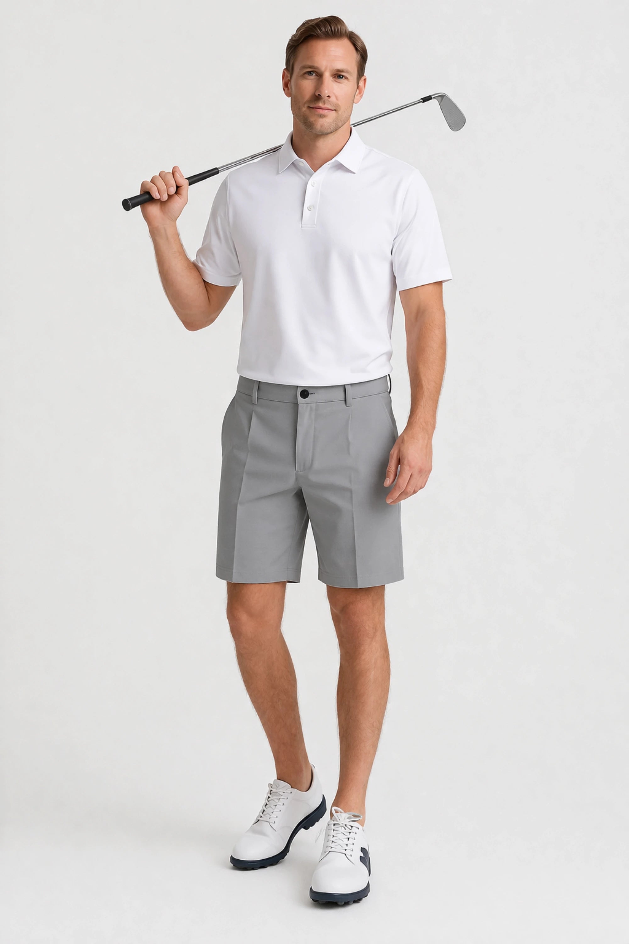 Men’s Soft Grey performance golf shorts styled for a polished on-course golf look