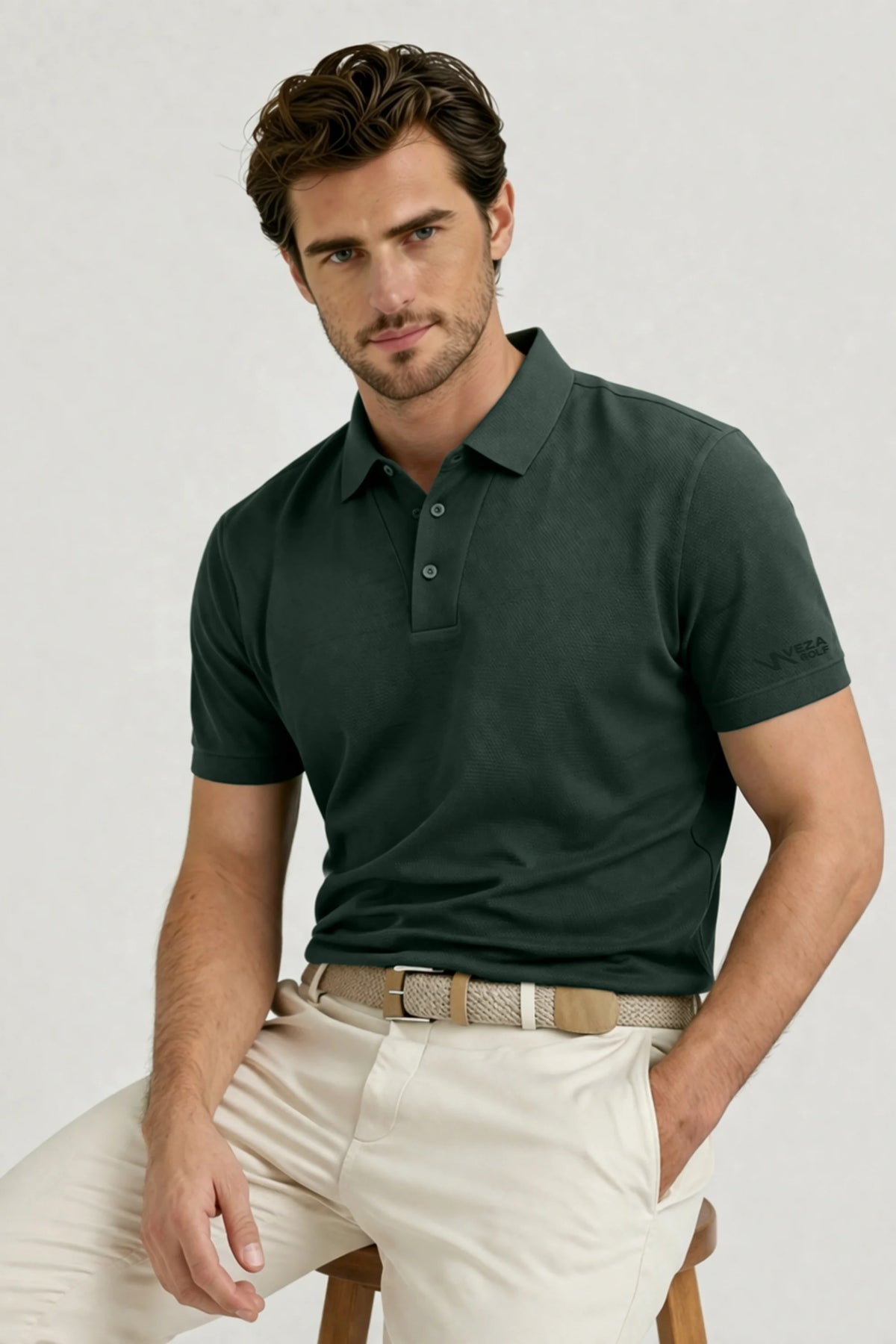 Men’s Slate Green structured textured golf polo with a refined collar and modern performance fit