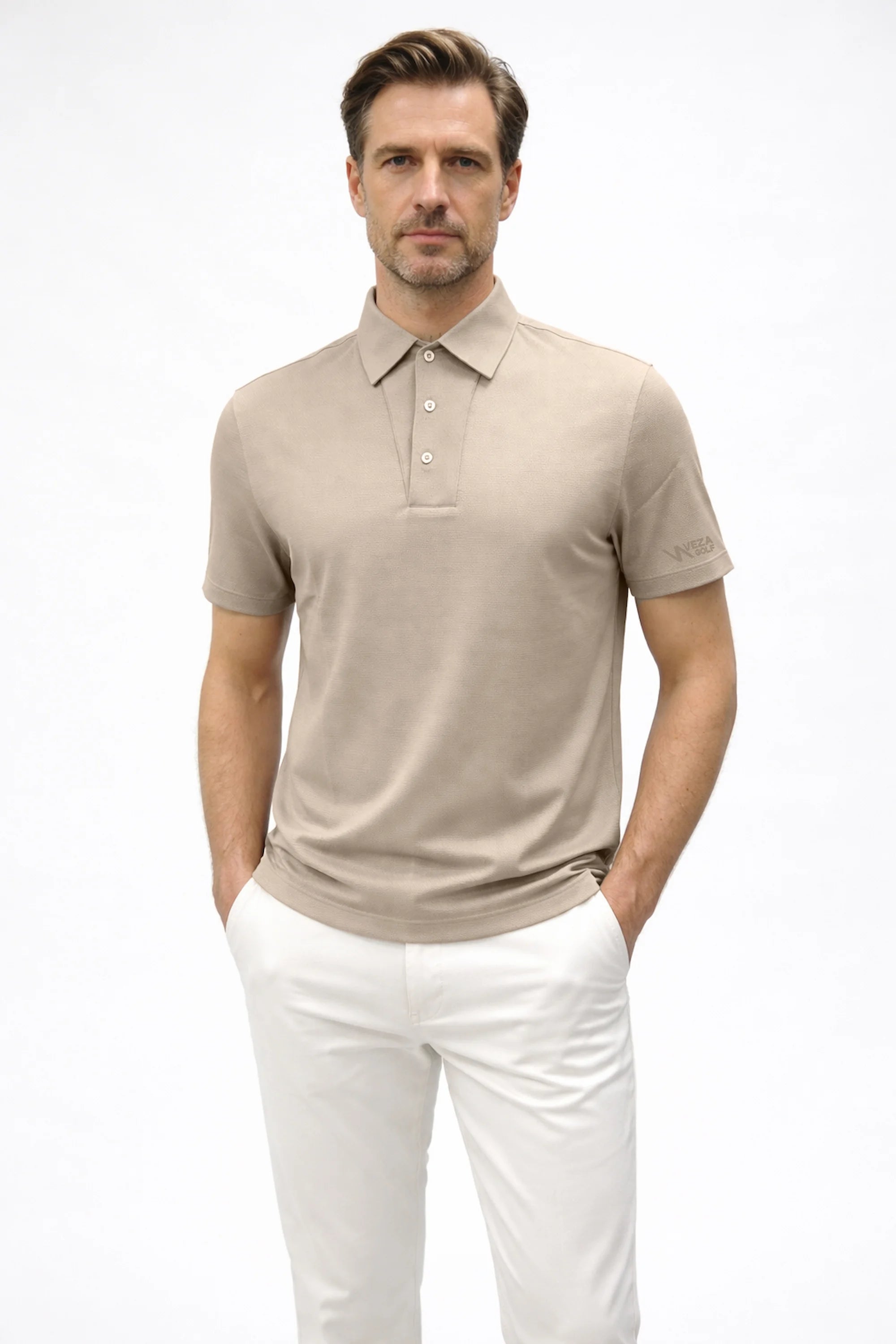 Men’s Soft Ivory structured textured golf polo with a refined collar and tailored fit