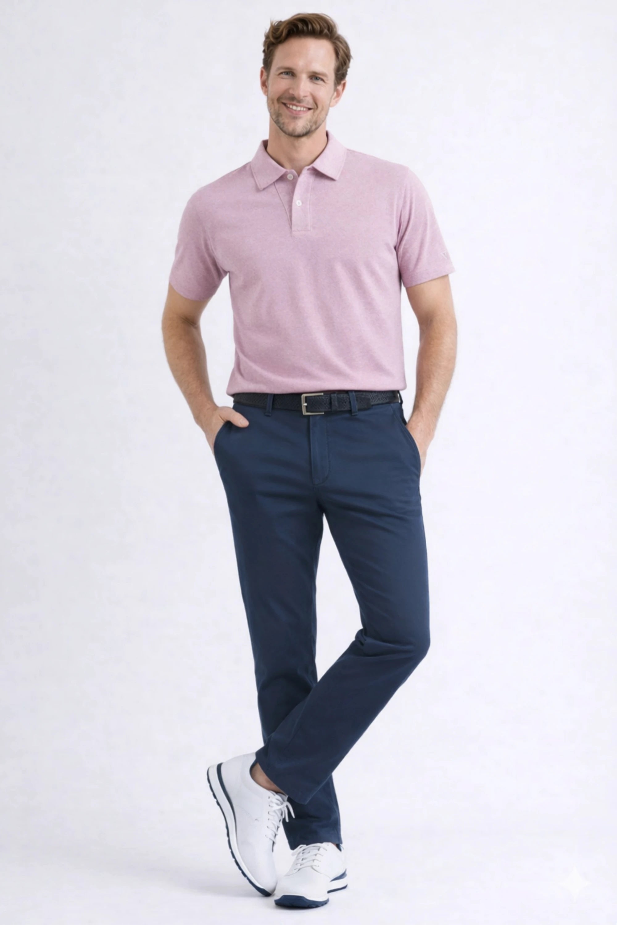 Men’s navy tapered golf trousers with a modern tailored silhouette for golf and lifestyle wear