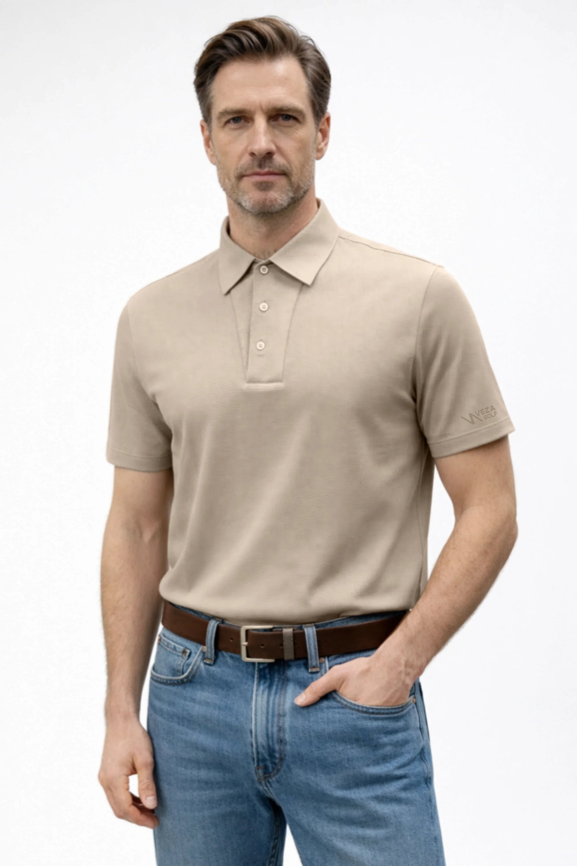 Men’s Soft Ivory textured golf polo with classic collar design and refined performance style