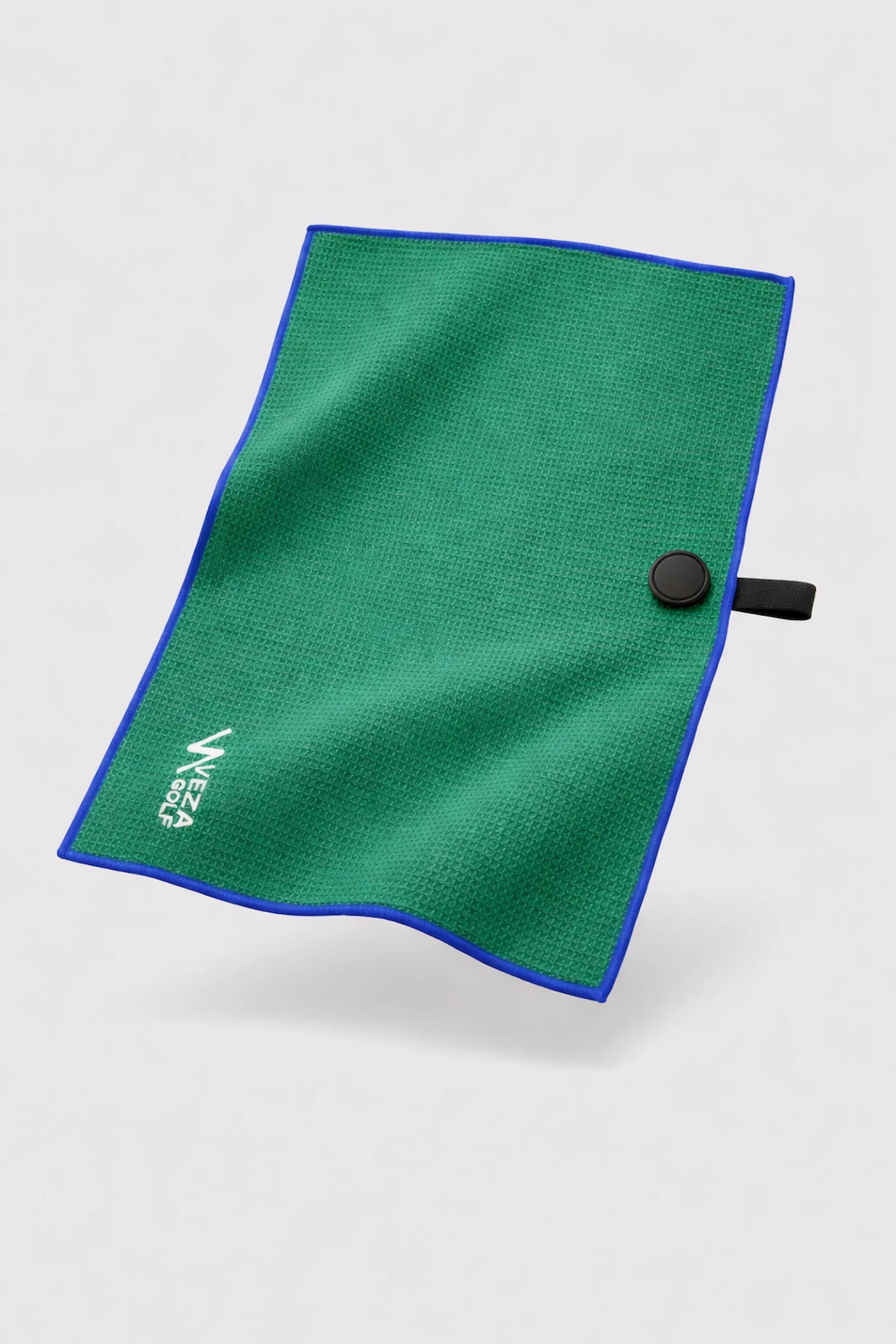 Green microfiber golf towel with magnetic button and hanging loop