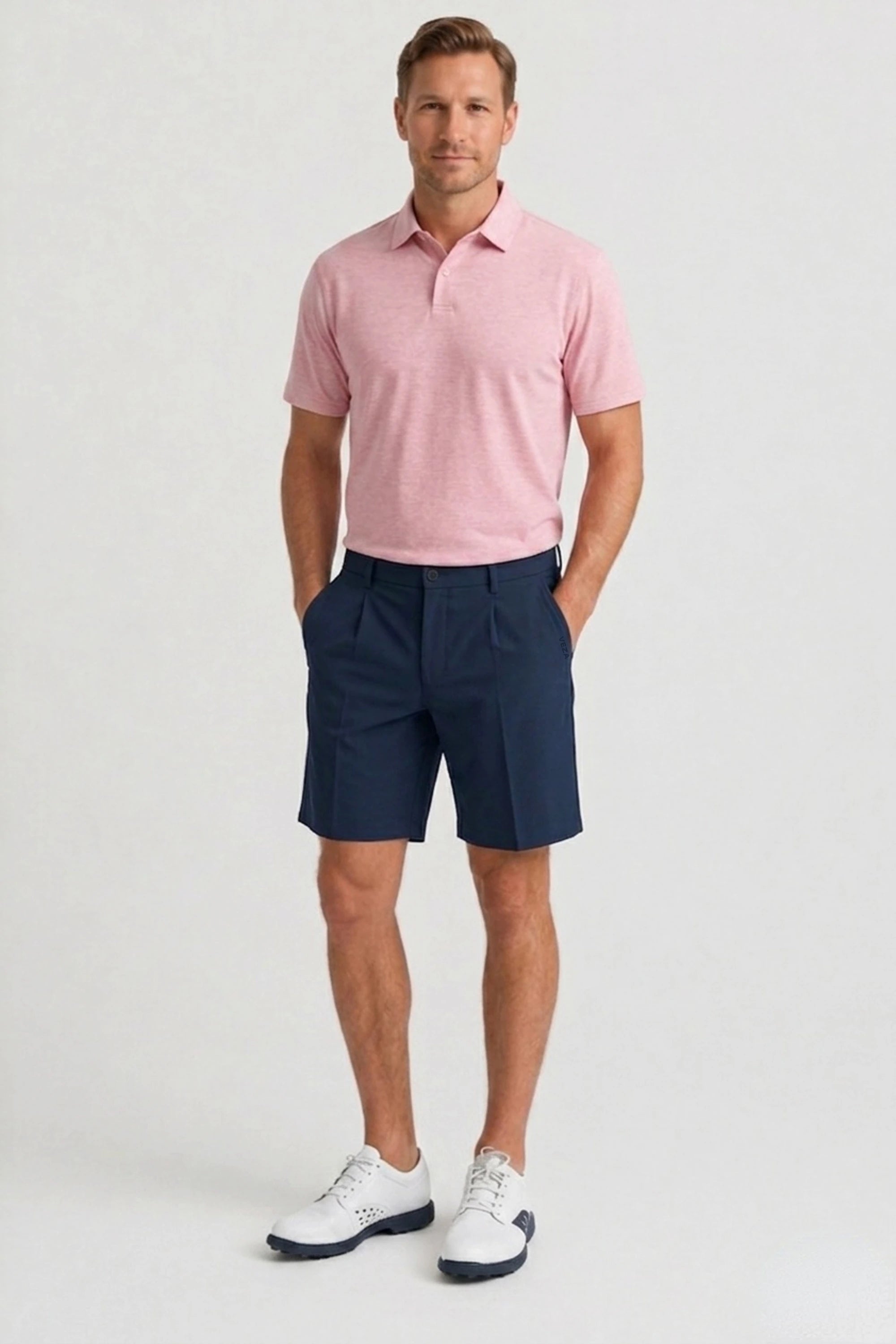 Men’s pleated golf shorts in Oxford Navy with a clean tailored silhouette and comfortable fit