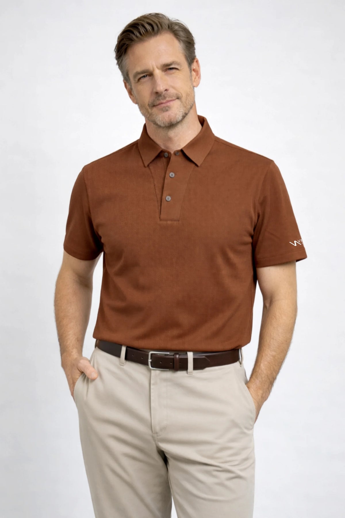 Men’s Rust Brown textured golf polo shirt with premium knit texture and elevated everyday golf style