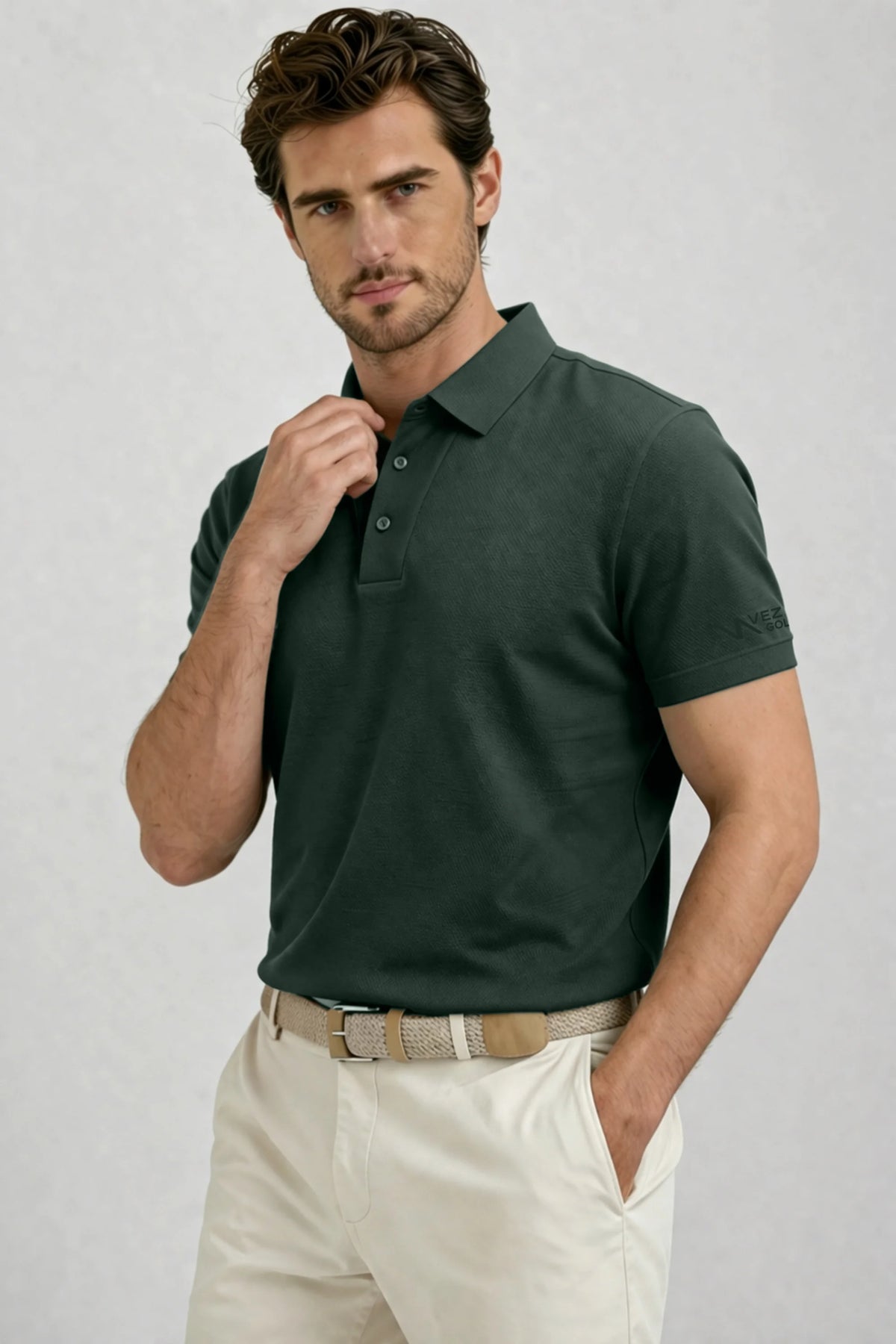 Men’s Slate Green textured golf polo shirt featuring a structured silhouette and premium details