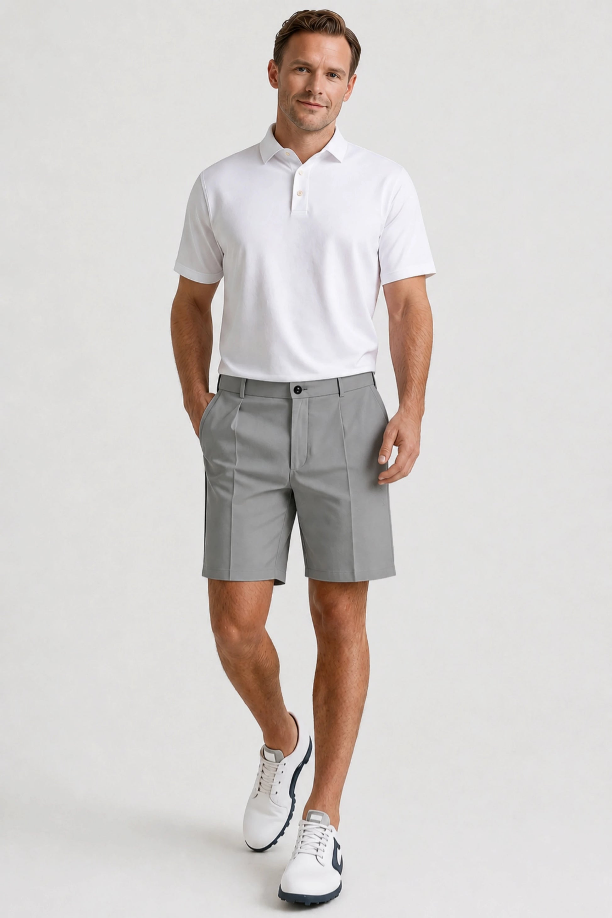 Men’s pleated golf shorts in Soft Grey featuring a clean tailored fit for golf and everyday wear