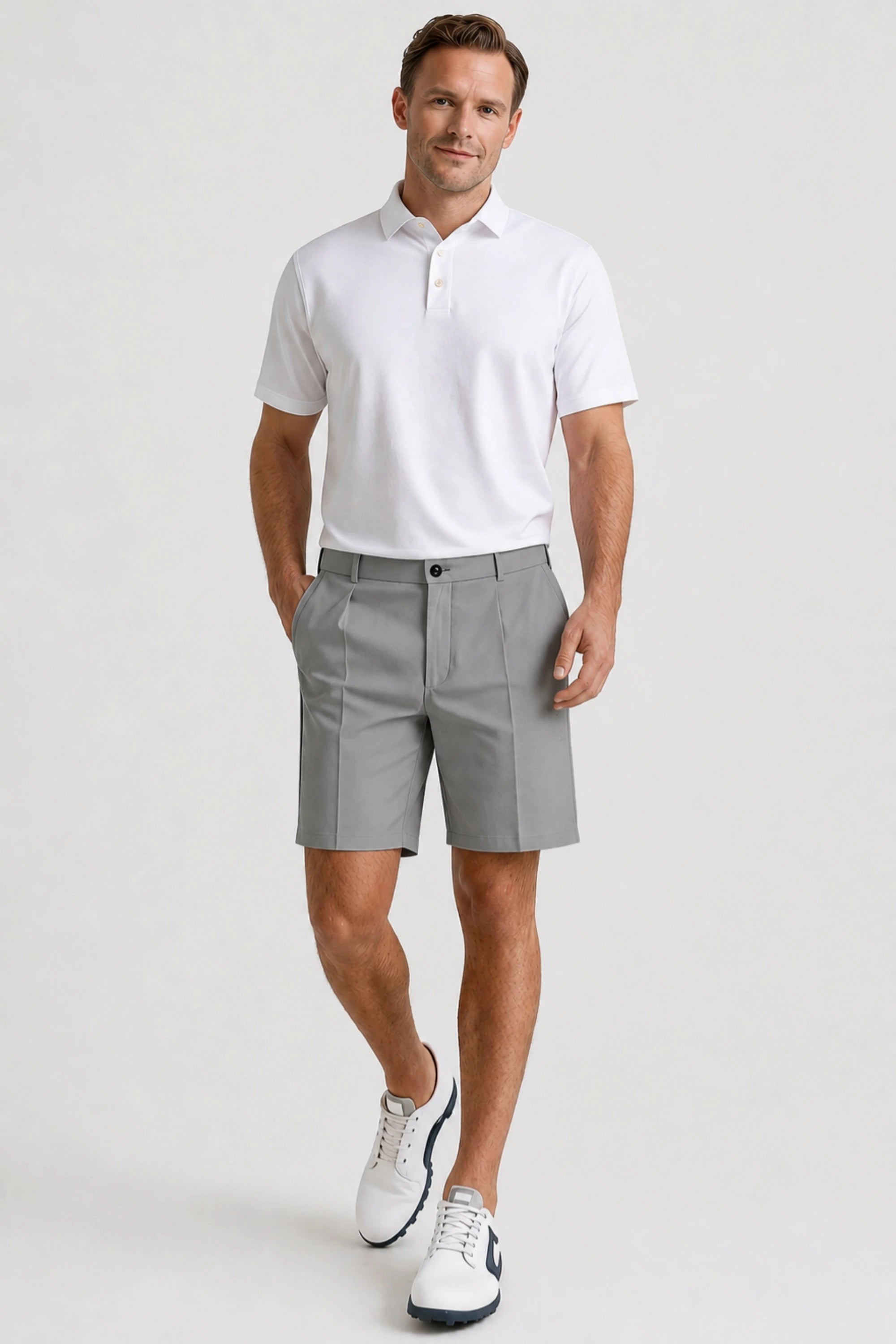Men’s pleated golf shorts in Soft Grey featuring a clean tailored fit for golf and everyday wear