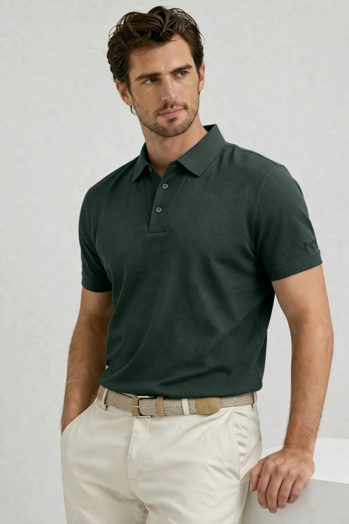 Men’s structured golf polo in Slate Green with a clean tailored fit for golf and everyday wear