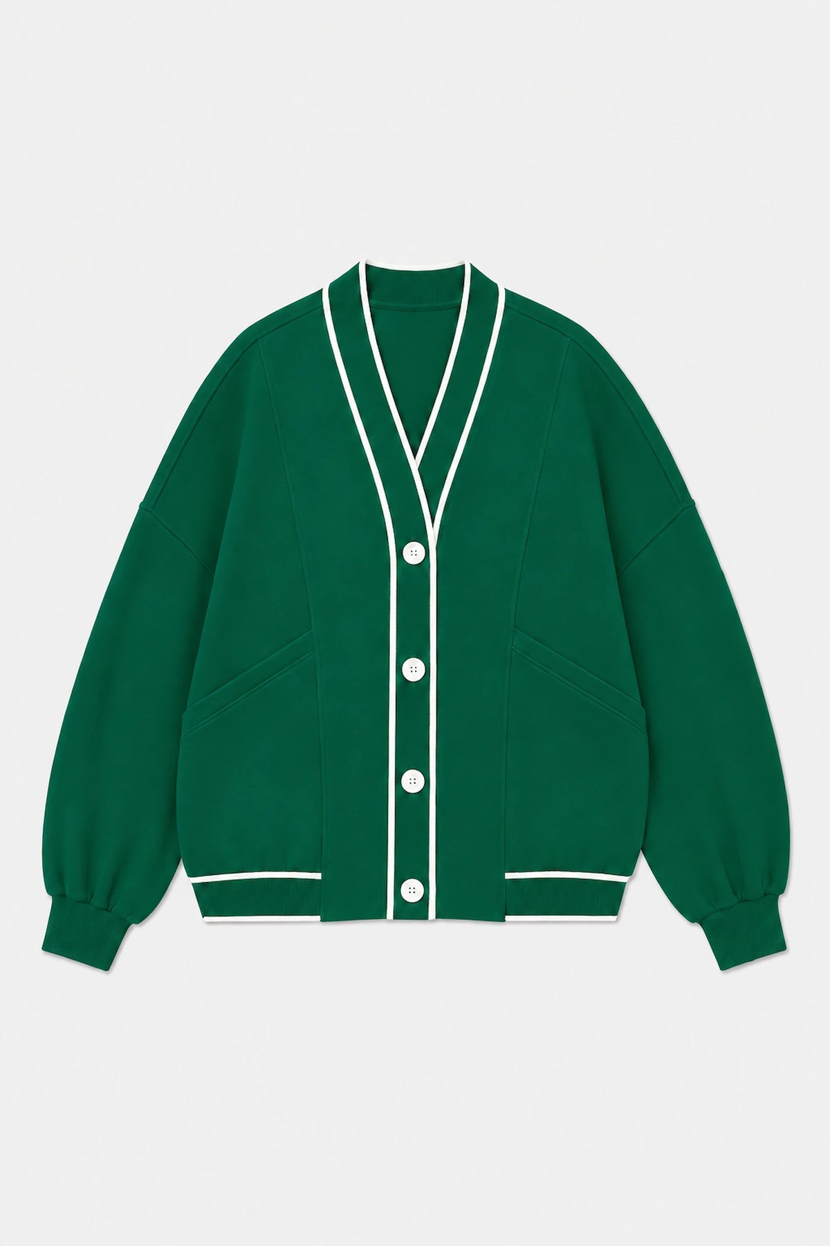 Front flat lay of Tailored Sports Cardigan in Deep Teal featuring contrast white trim, button front, and patch pockets