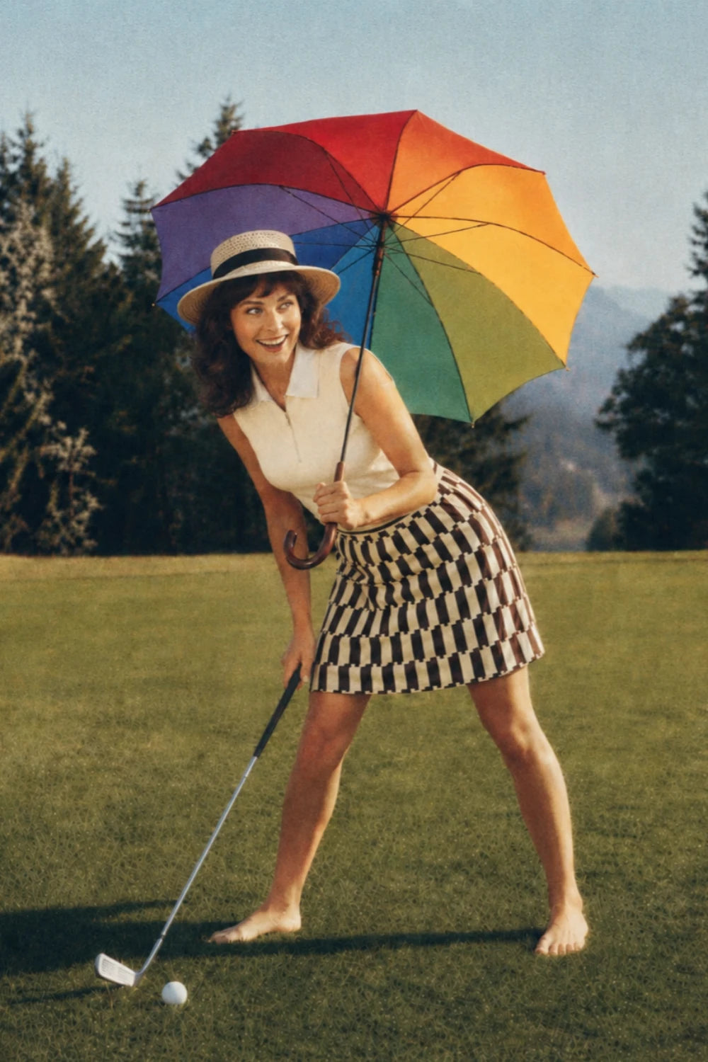 Woman wearing a Verona Leisure sleeveless knit top and printed golf skirt holding a colorful umbrella on the golf course