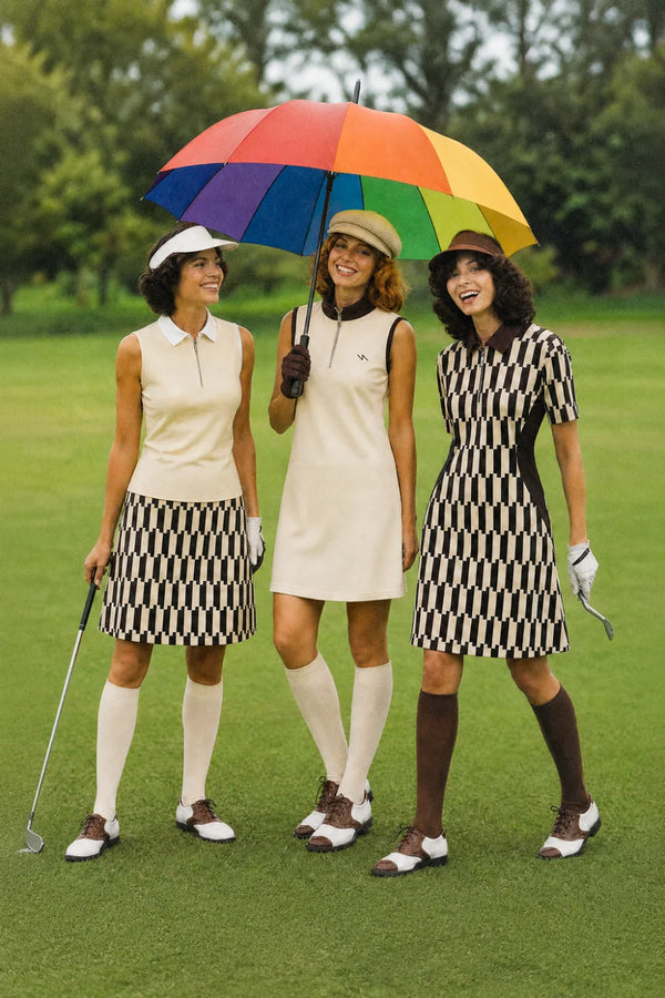 Three women wearing Verona Leisure golf outfits including a cream dress, printed skirt set, and geometric print dress on the course