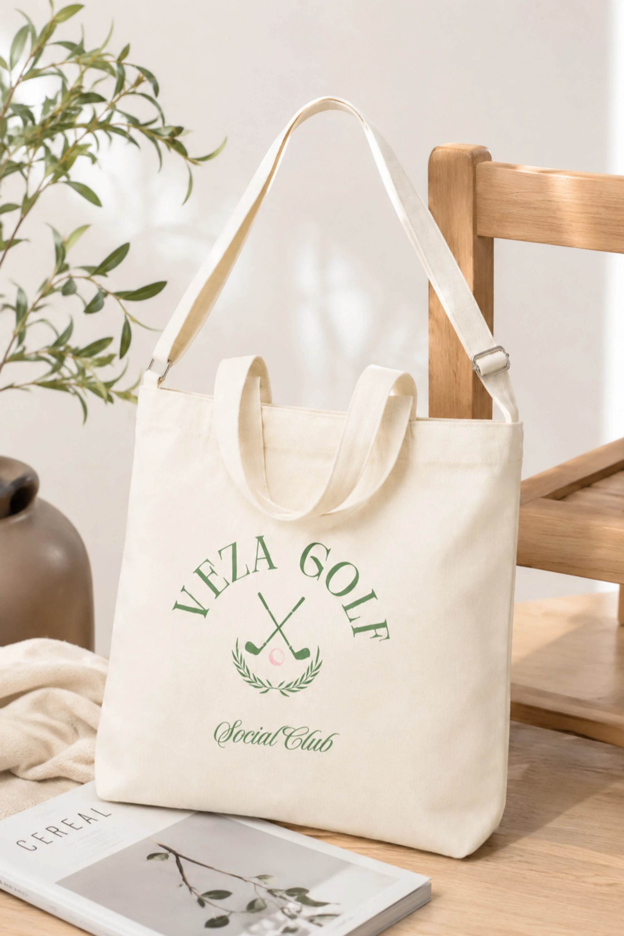 Women’s golf canvas tote bag featuring VEZA Golf Social Club design for everyday carry