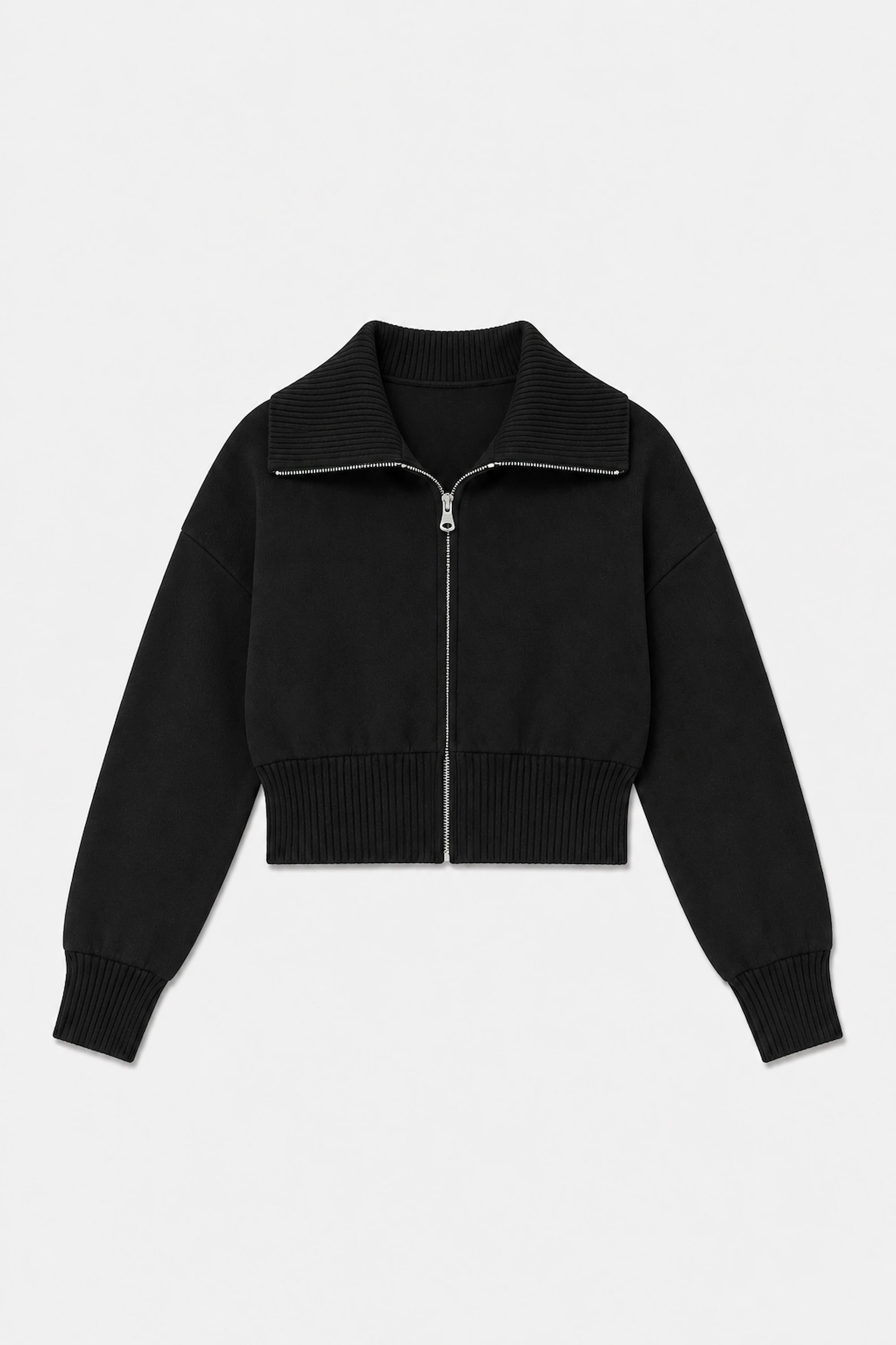 Front flat lay of women’s black cropped knit zip jacket with structured collar
