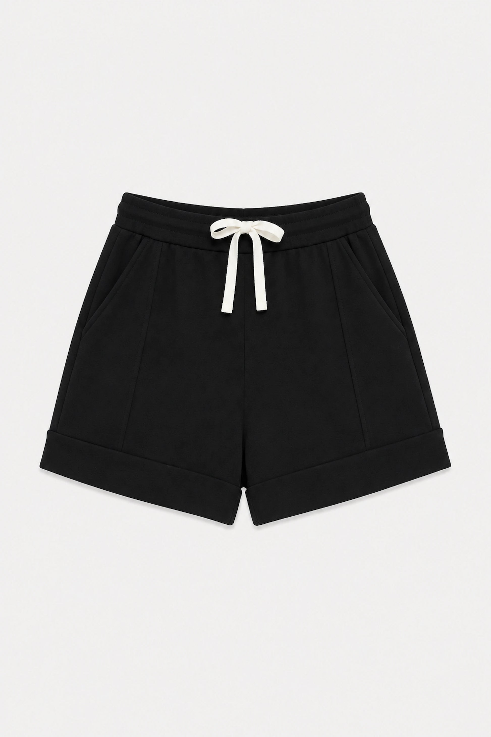 Women’s black tailored golf shorts with an adjustable drawstring waistband
