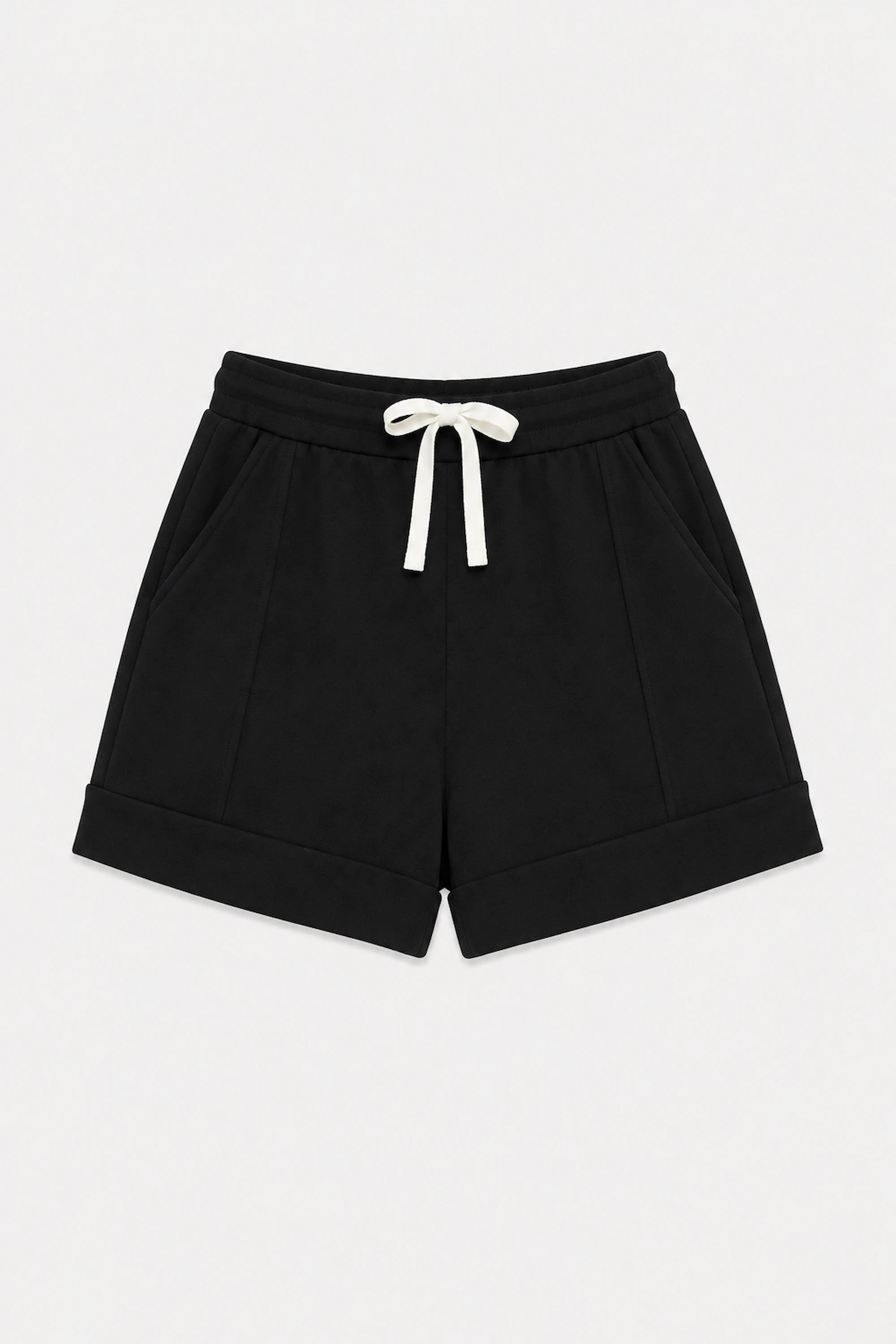 Women’s black tailored golf shorts with an adjustable drawstring waistband